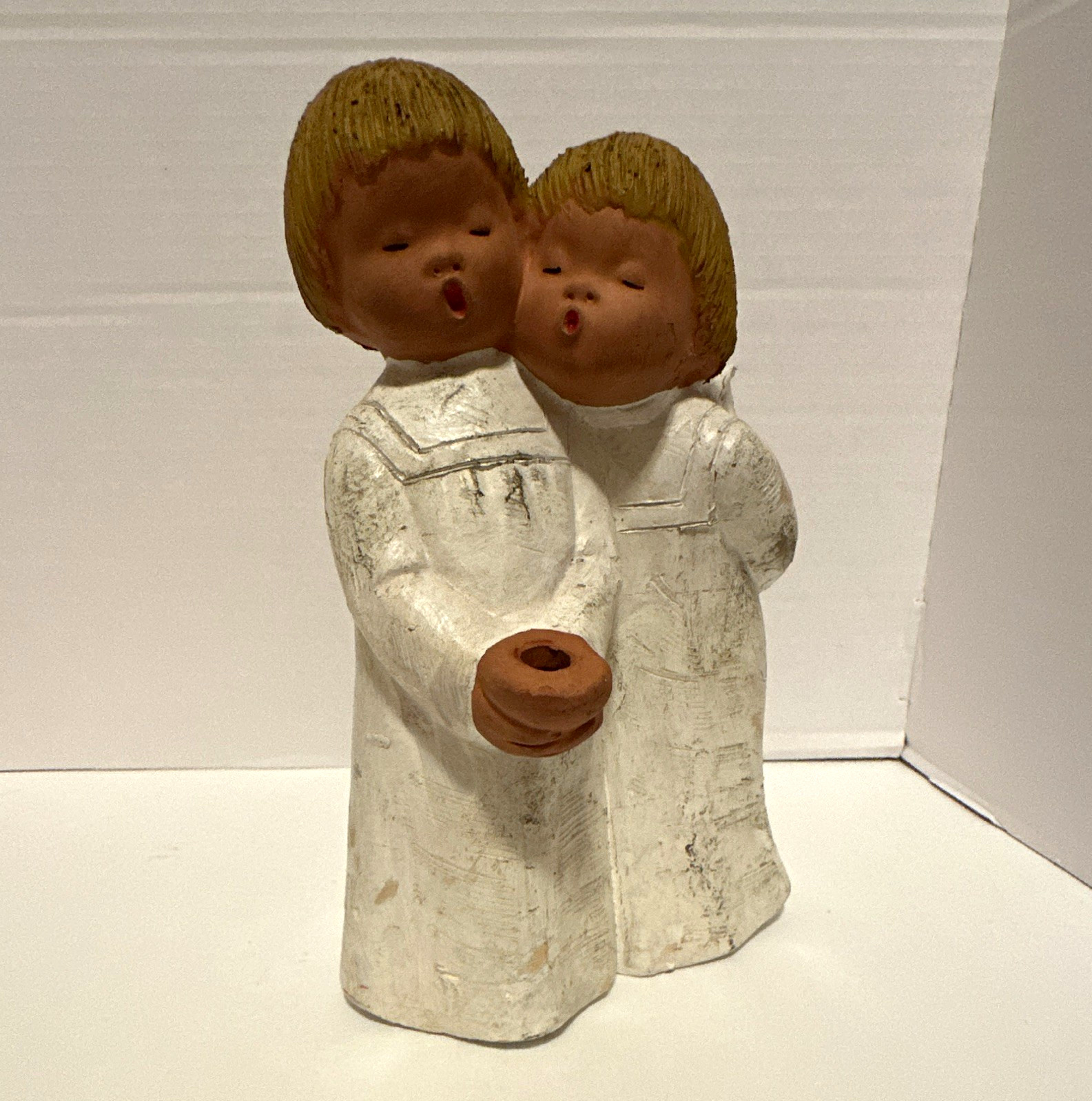 Vintage Jullar Angel Candle Holder Boy Girl Terracotta Spain 1960s Christmas
