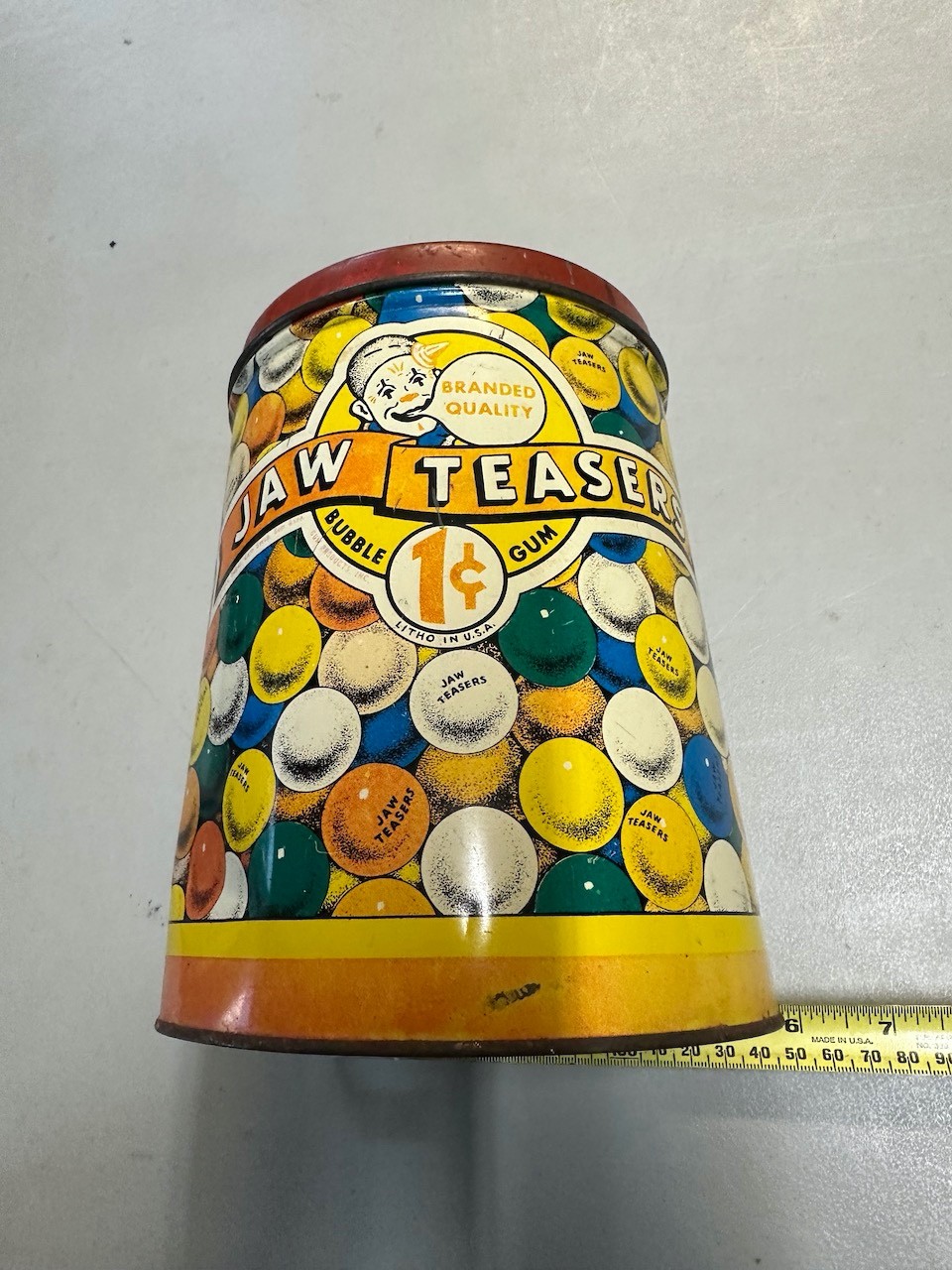 Vintage 1940s JAW TEASERS Bubble Gum 1 Cent Tin Litho Pail Container Made In USA