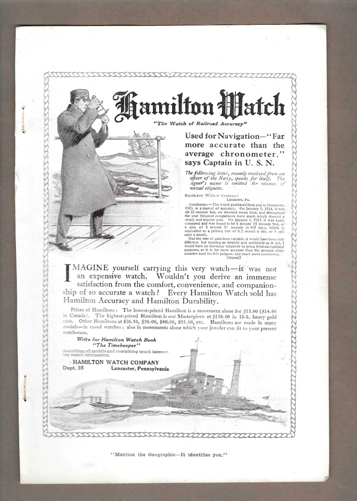 1917 Hamilton Watch Company & American Chain Company Vintage Print Ads