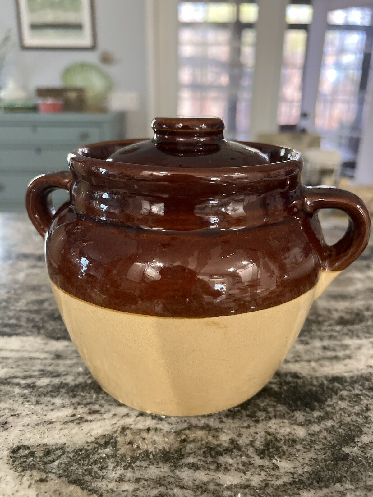 Antique Monmouth USA Pottery Bean Pot Crock Brown Tan w Lid Dual Handle 5\