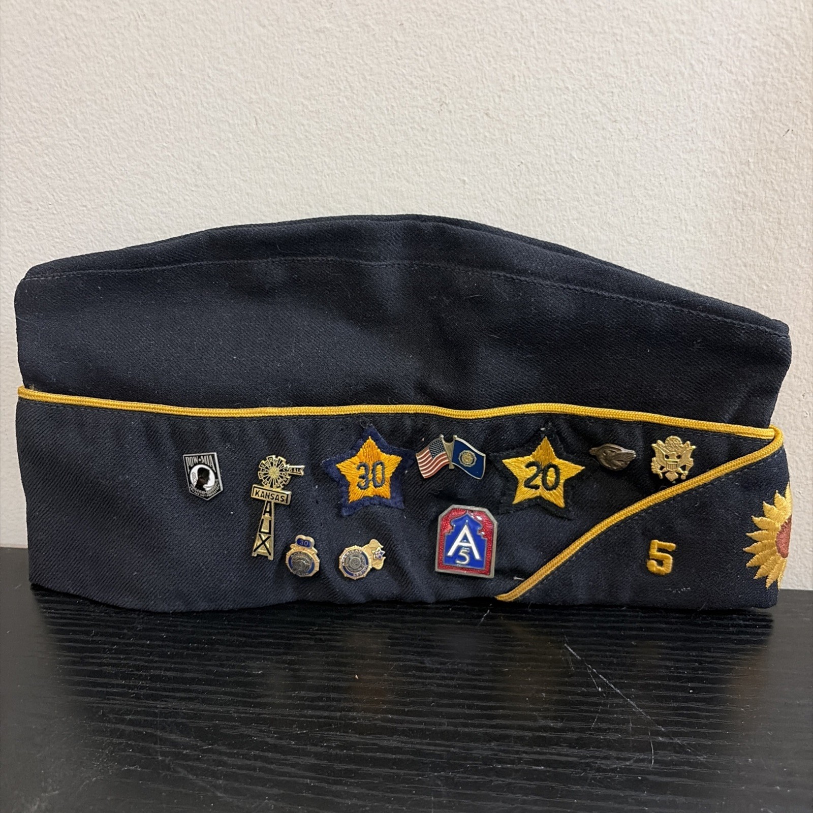 Vintage American Legion Cap 5 Emporia Kansas with pins and metals attached 7 3/8