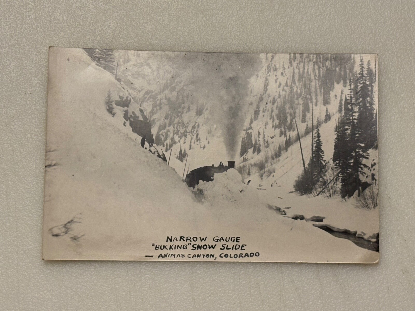 Postcard Railroad Narrow Gauge Train Bucking Snow Slide Animas Canyon Colorado