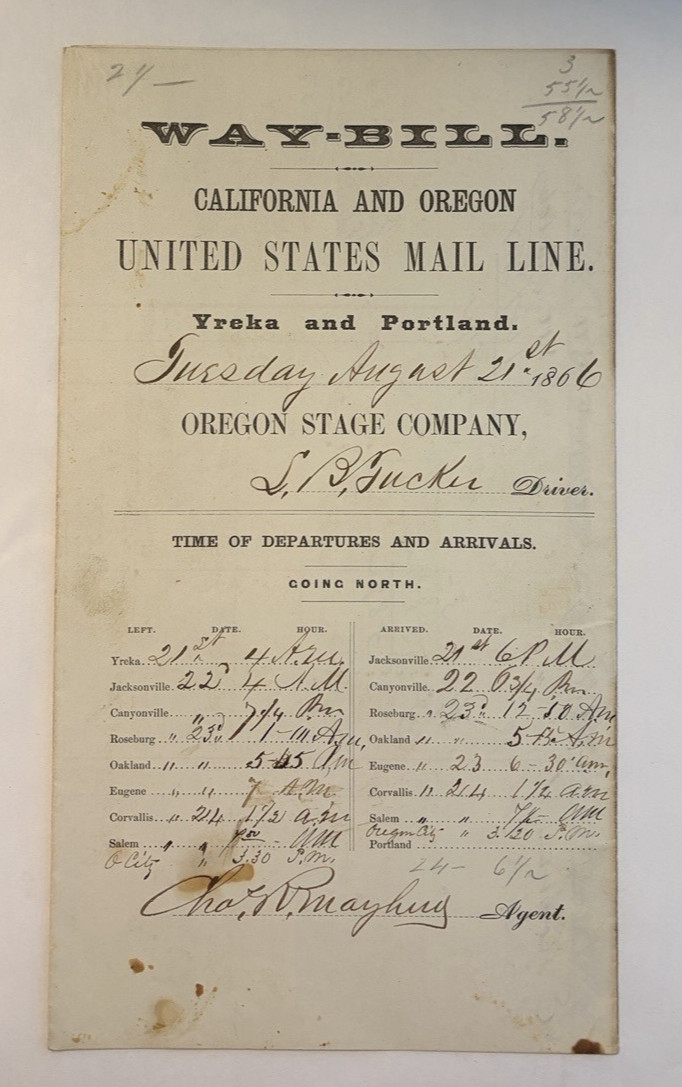Rare 1866 Oregon Stage Company Way Bill Yreka Jacksonville Salem Portland
