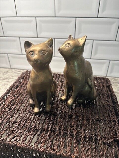 Vintage MCM Set of 2 Solid Brass Cats Excellent Vintage Condition 