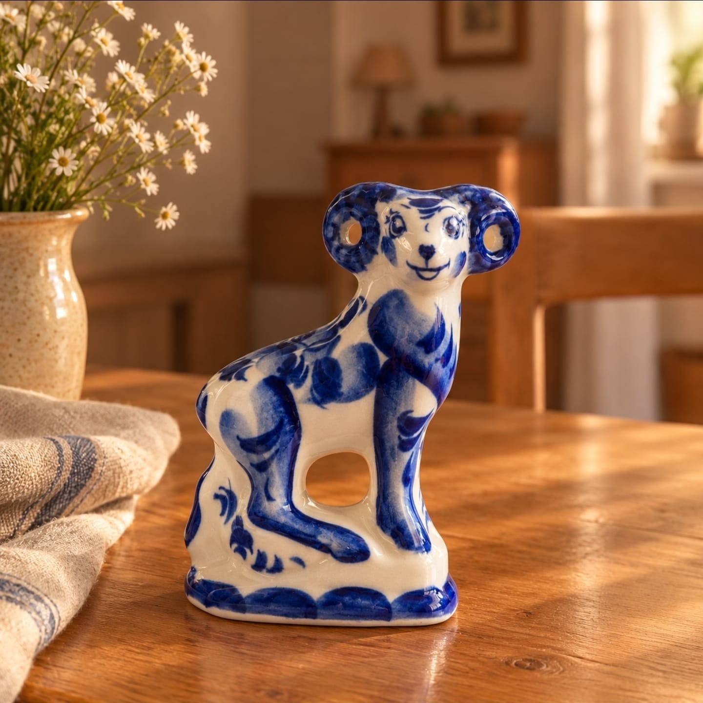 Gzhel Porcelain Ram Figurine Curled Horns Handmade Blue White Zodiac 2027 4.25\