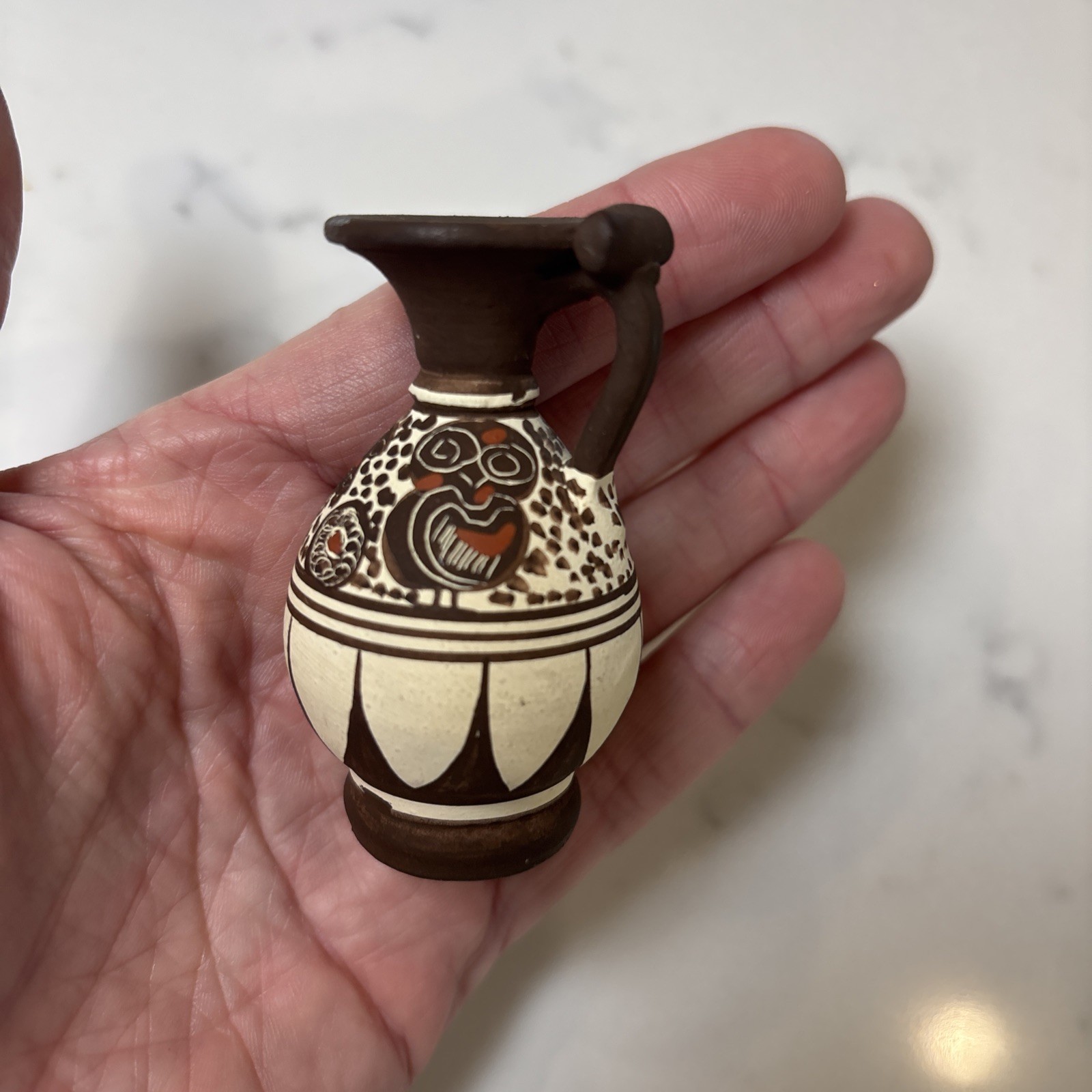 Miniature Greek Hand Painted Réplica Vase Vessel Greek Pottery Owls 2.5” Brown