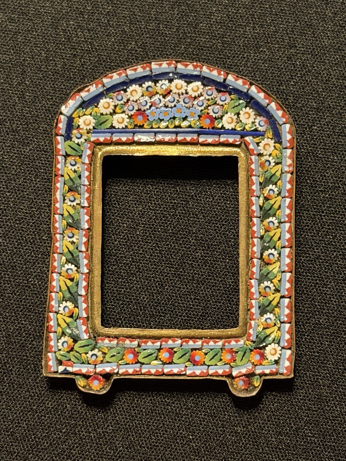 Antique Italian Micro Mosaic Miniature Picture Frame Arched Floral Brass