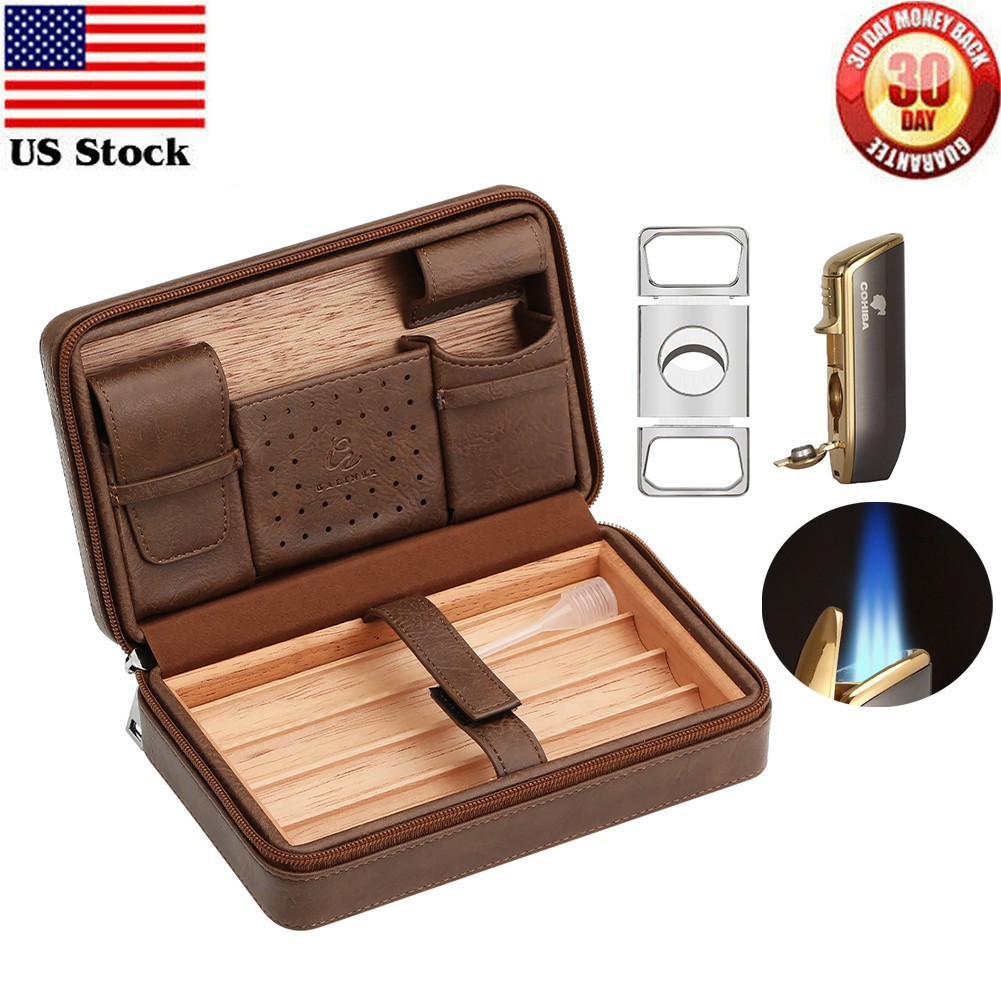 Brown Cedar Wood Leather Cigar Humidor Case Cutter 3 Jet Torch Lighter Travel