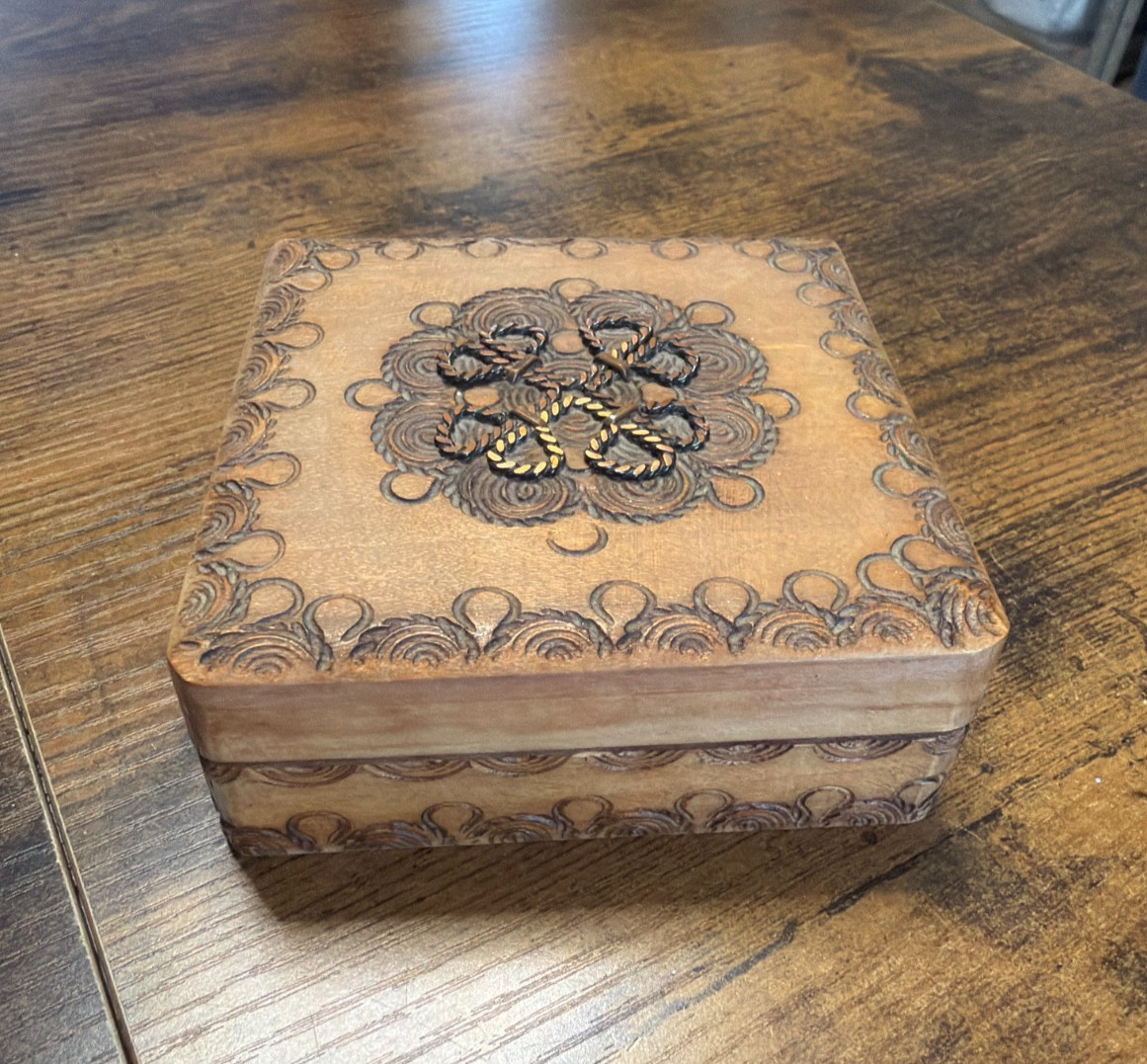 VTG 1970\'s Handmade Carved Square Wooden Trinket Box, From Poland ~ Ex Cond.