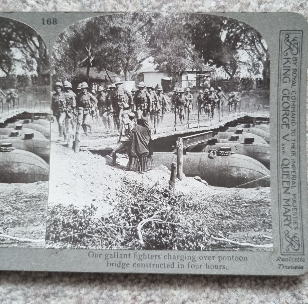 Original WW1 Stereoview Card RP Gallant Fighters Charge Over Pontoon Bridge