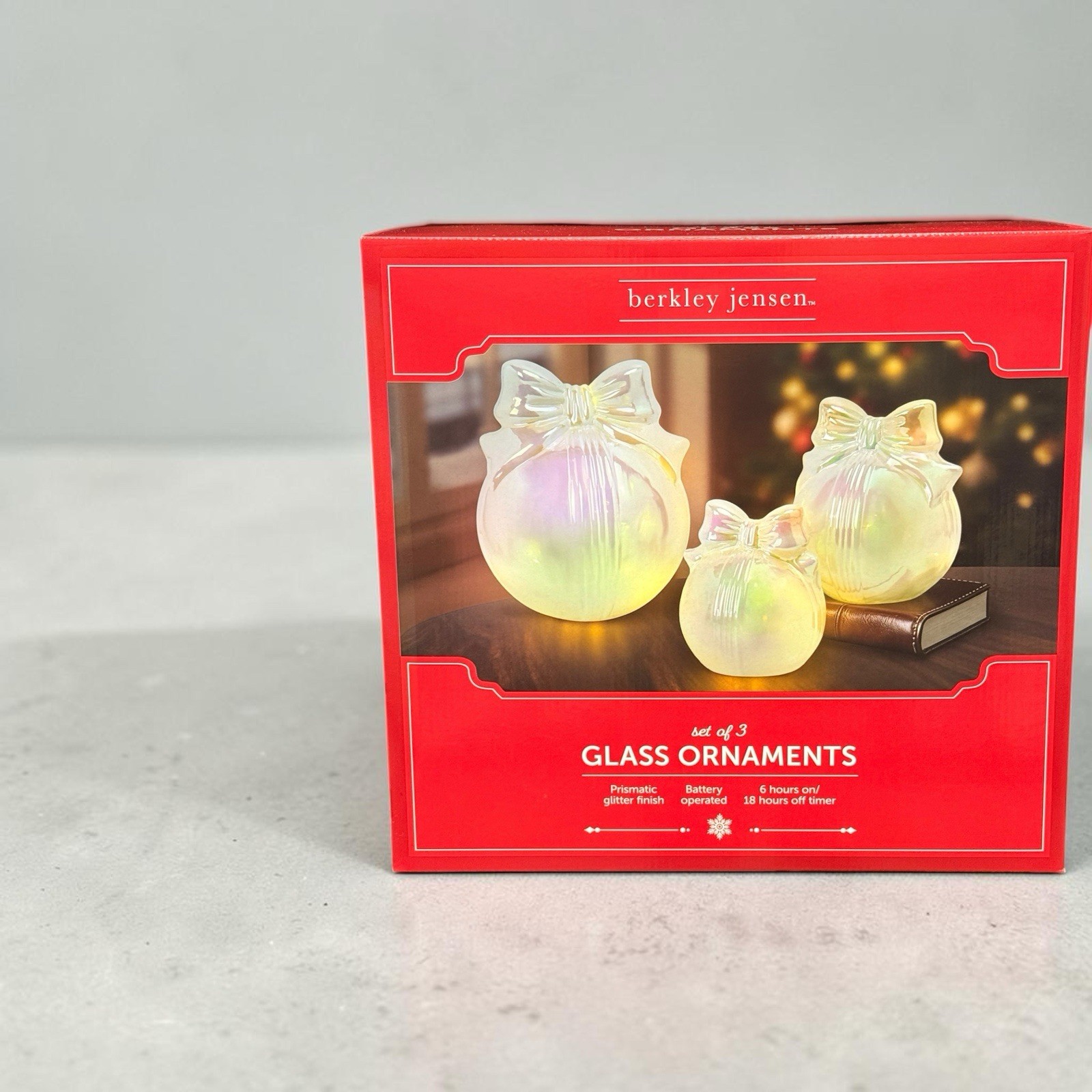 Berkley Jensen Glass Ornaments Set of 3 White Light Up Glitter Christmas Decor