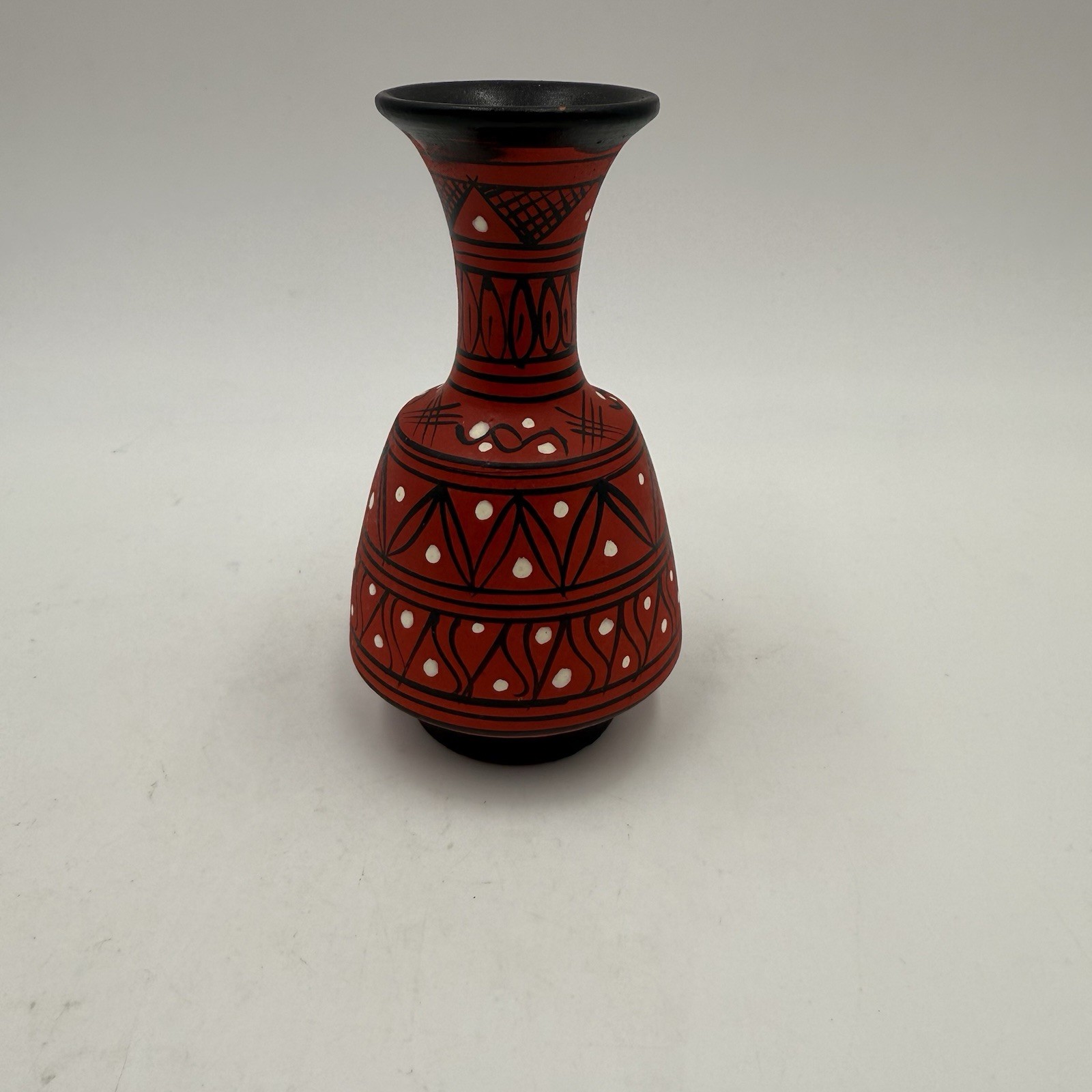 Vintage Small Ceramic Bud Vase, Red Geometric Pattern Apollon Rodoi Greece Vintage Small Ceramic Bud Vase, Red Geometric Pattern Apollon Rodoi Greece