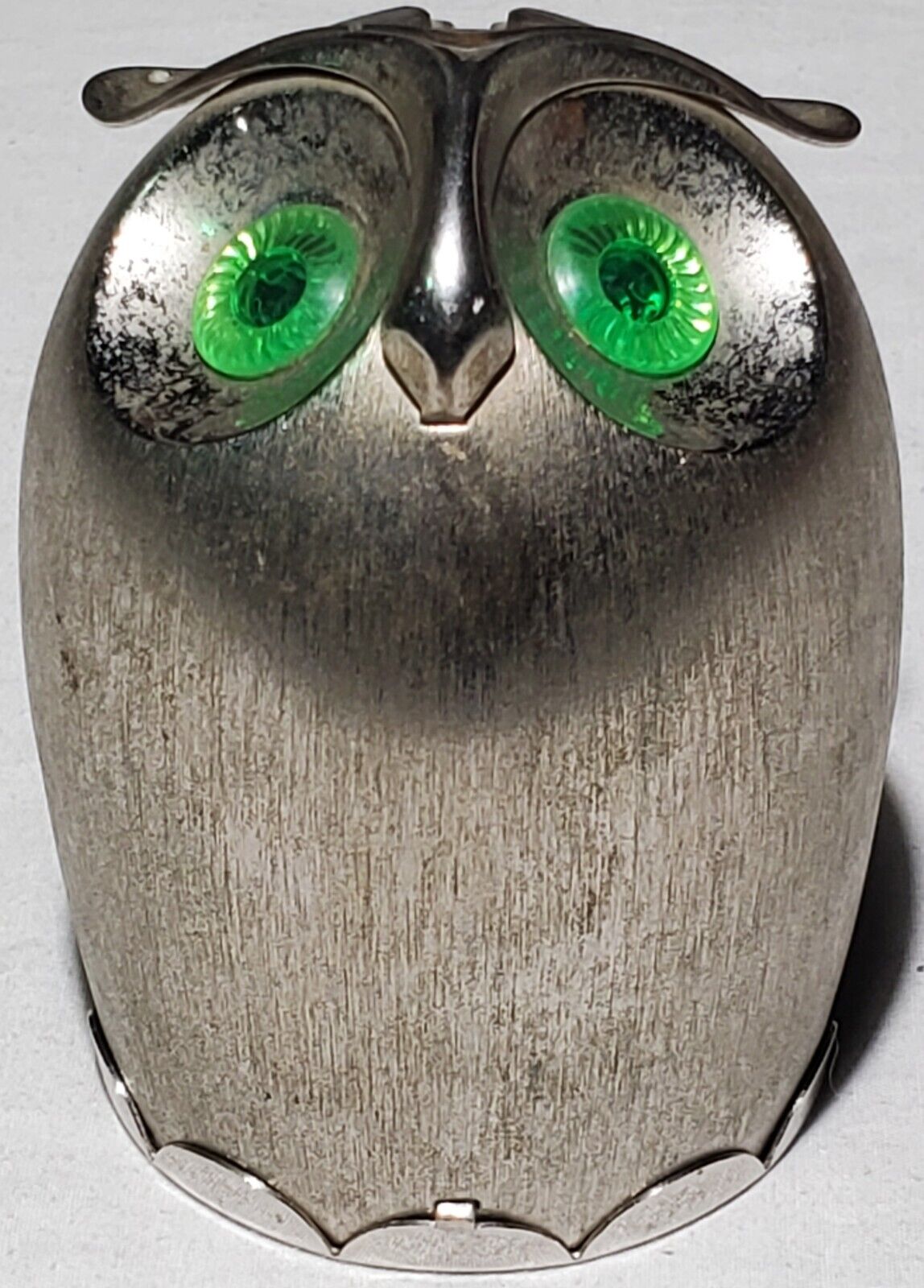 Vintage NAPIER Brushed Silver-tone Metal Owl Coin Bank with Green Eyes 4\