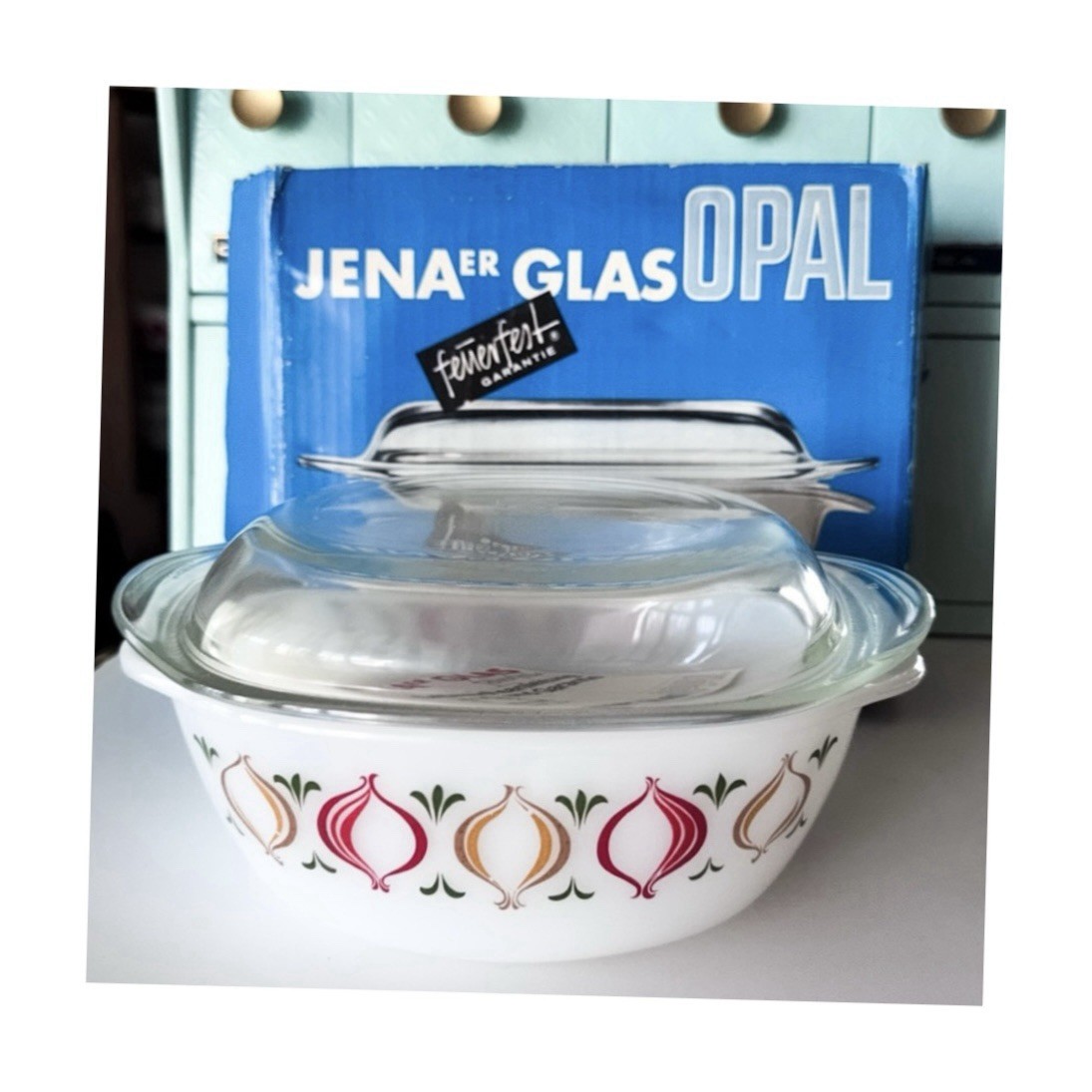 Schott Mainz Jena Glas Opal Onion Casserole Lid Vintage Germany 1960s w/ Box