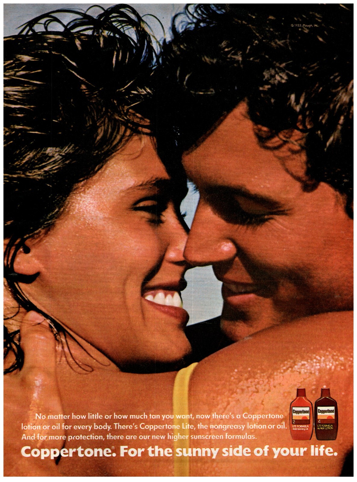 PRINT AD, 1985 Coppertone Lite Suntan Lotion 80\'s Sexy Dark Hair Couple Embrace