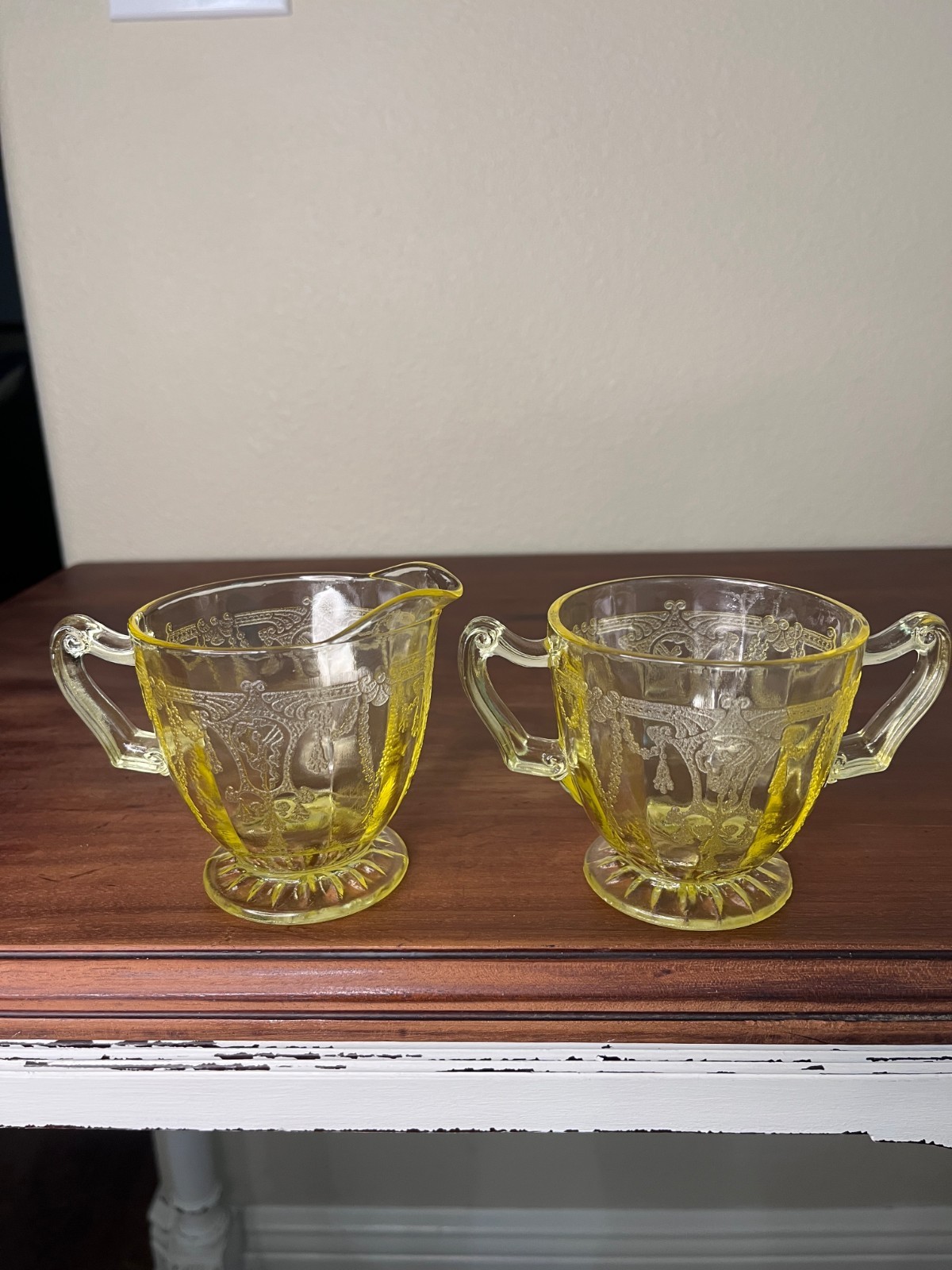 Vintage 1930’s Anchor Hocking Yellow Cameo Ballerina Footed Creamer and Sugar Vintage 1930’s Anchor Hocking Yellow Cameo Ballerina Footed Creamer and Sugar