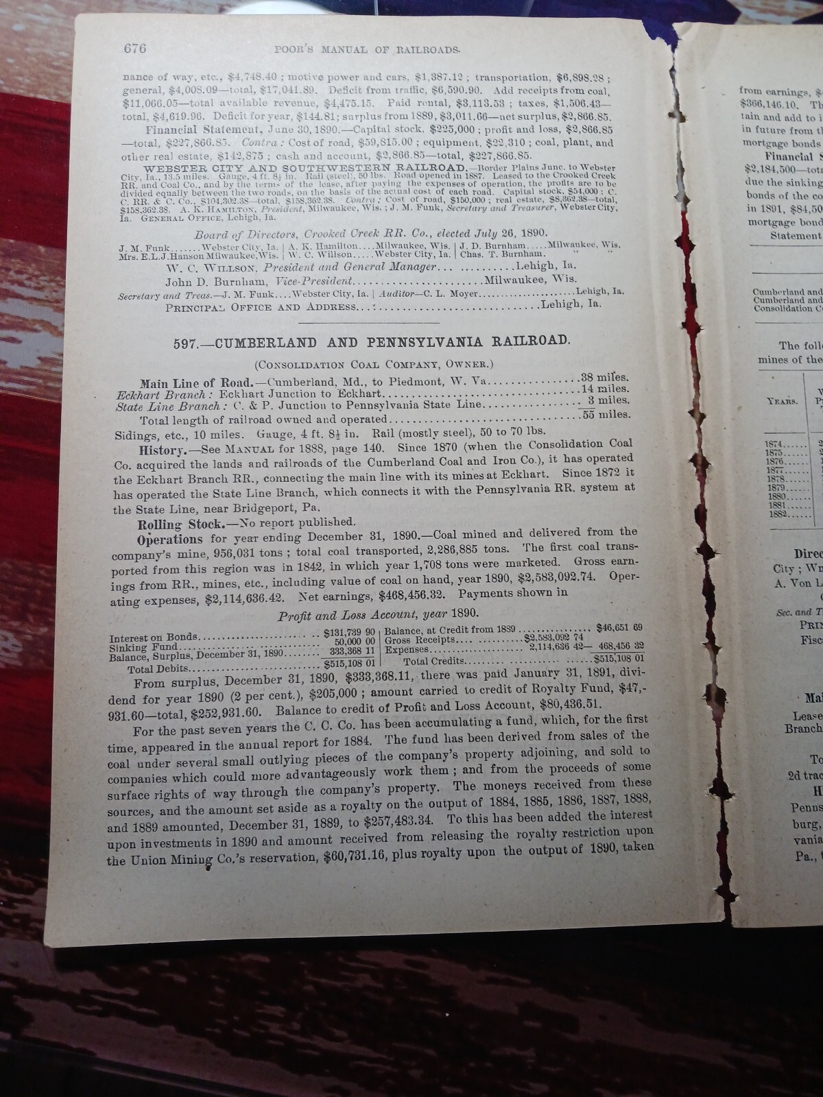 1891 train report CUMBERLAND & PENNSYLVANIA RAILROAD  Consolidation Coal Company