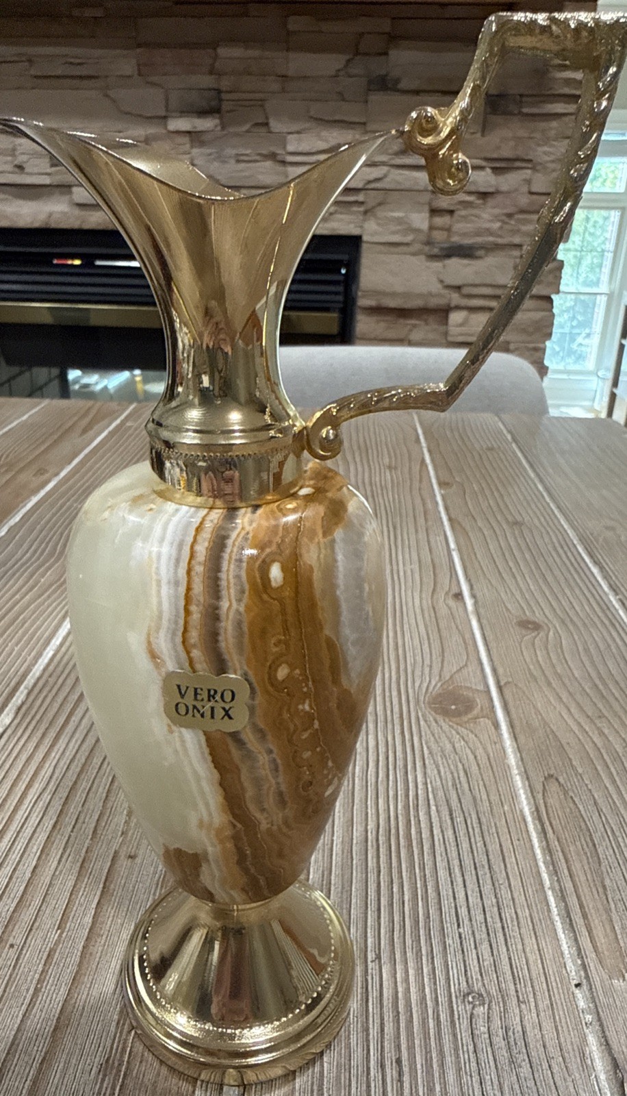 Vintage Vero Onix Brass Alabaster Marble Ewer Pitcher Vase Italy 10” Mid Century
