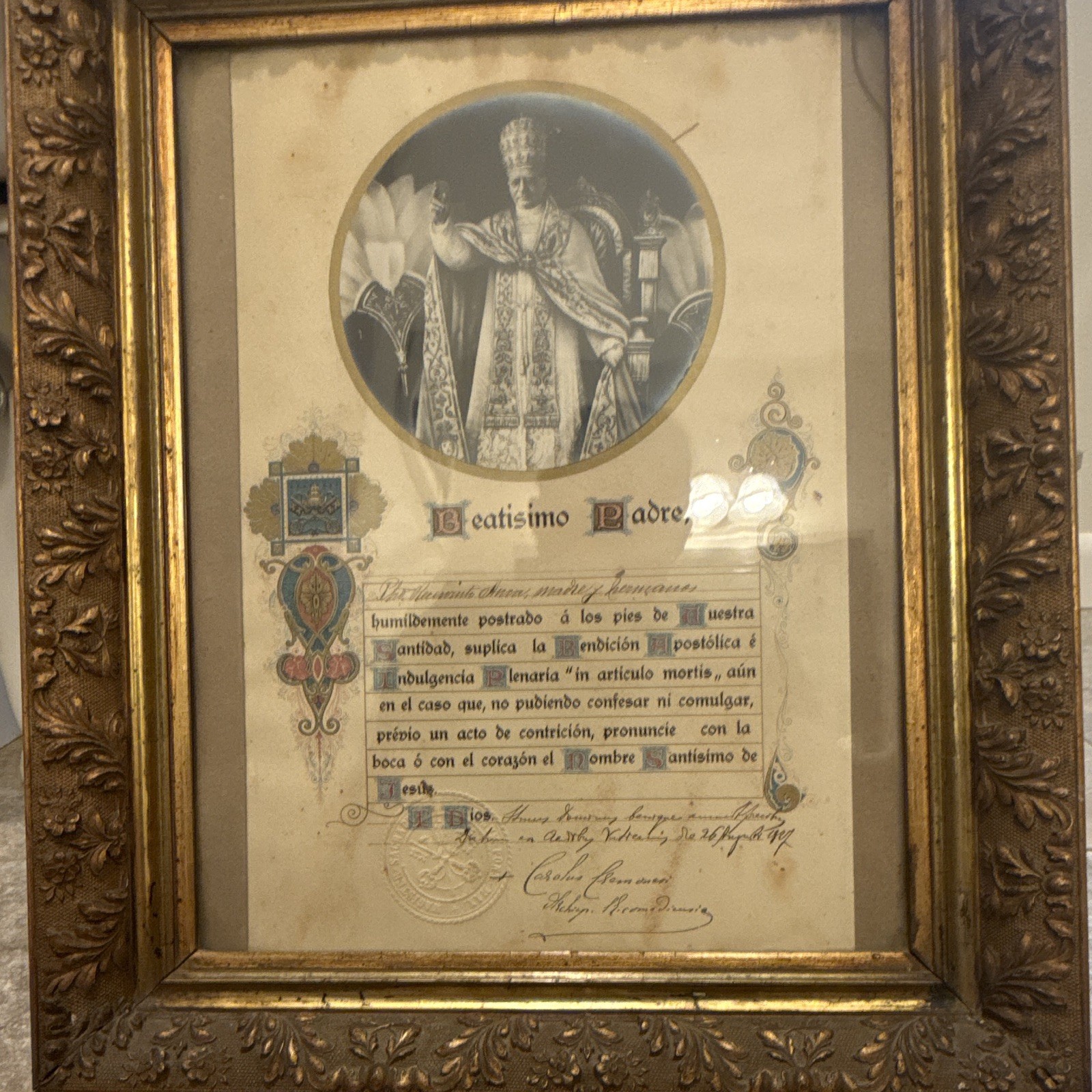1920s Antique Framed Papal Blessing & Indulgence Document – Pope Pius XI . 1920s Antique Framed Papal Blessing & Indulgence Document – Pope Pius XI .