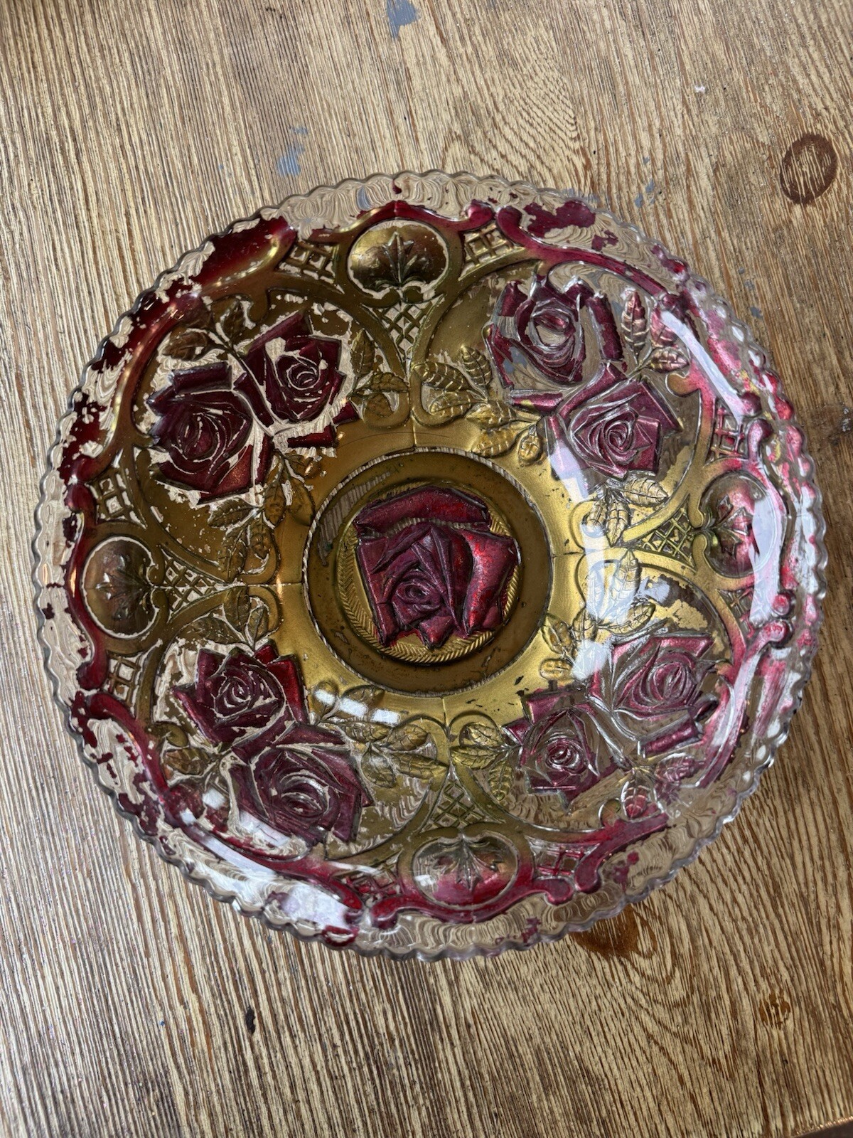 Antique Goofus Glass Bowl Gold and Red Rose Design 9\