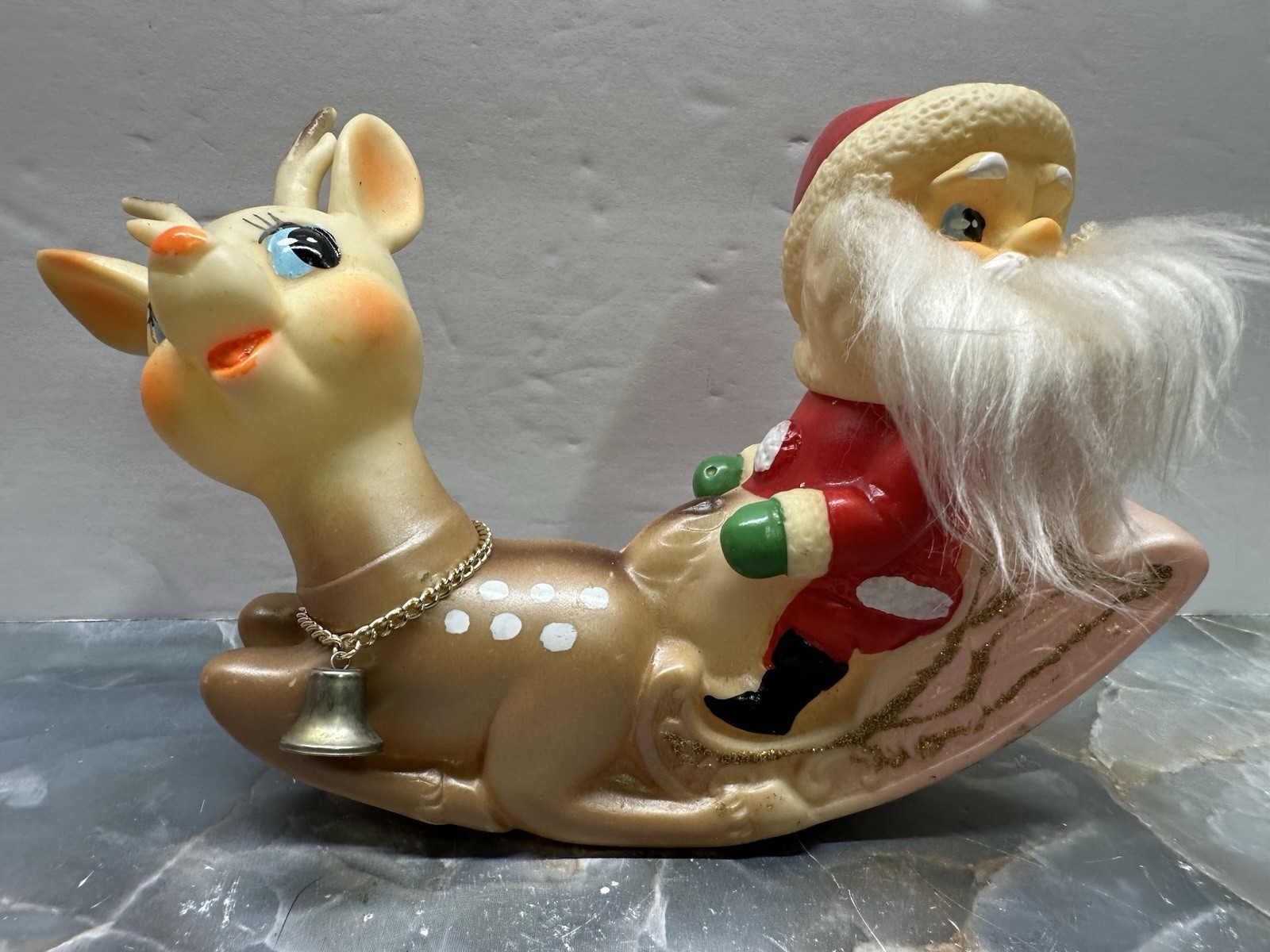 VINTAGE NINOHIRA JAPAN SANTA CLAUS & RUDOLPH ON SLEIGH CHRISTMAS DECORATION