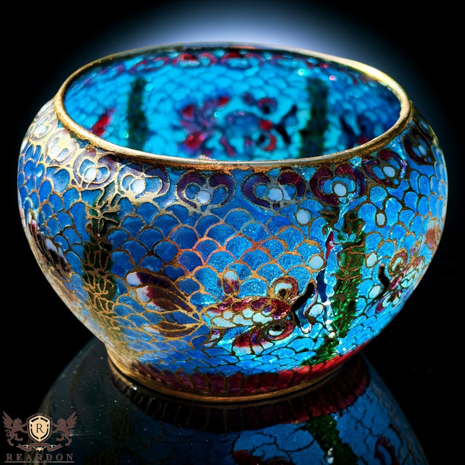 Antique Chinese Miniature Cloisonné Bowl Blue Floral Translucent Enamel Brass