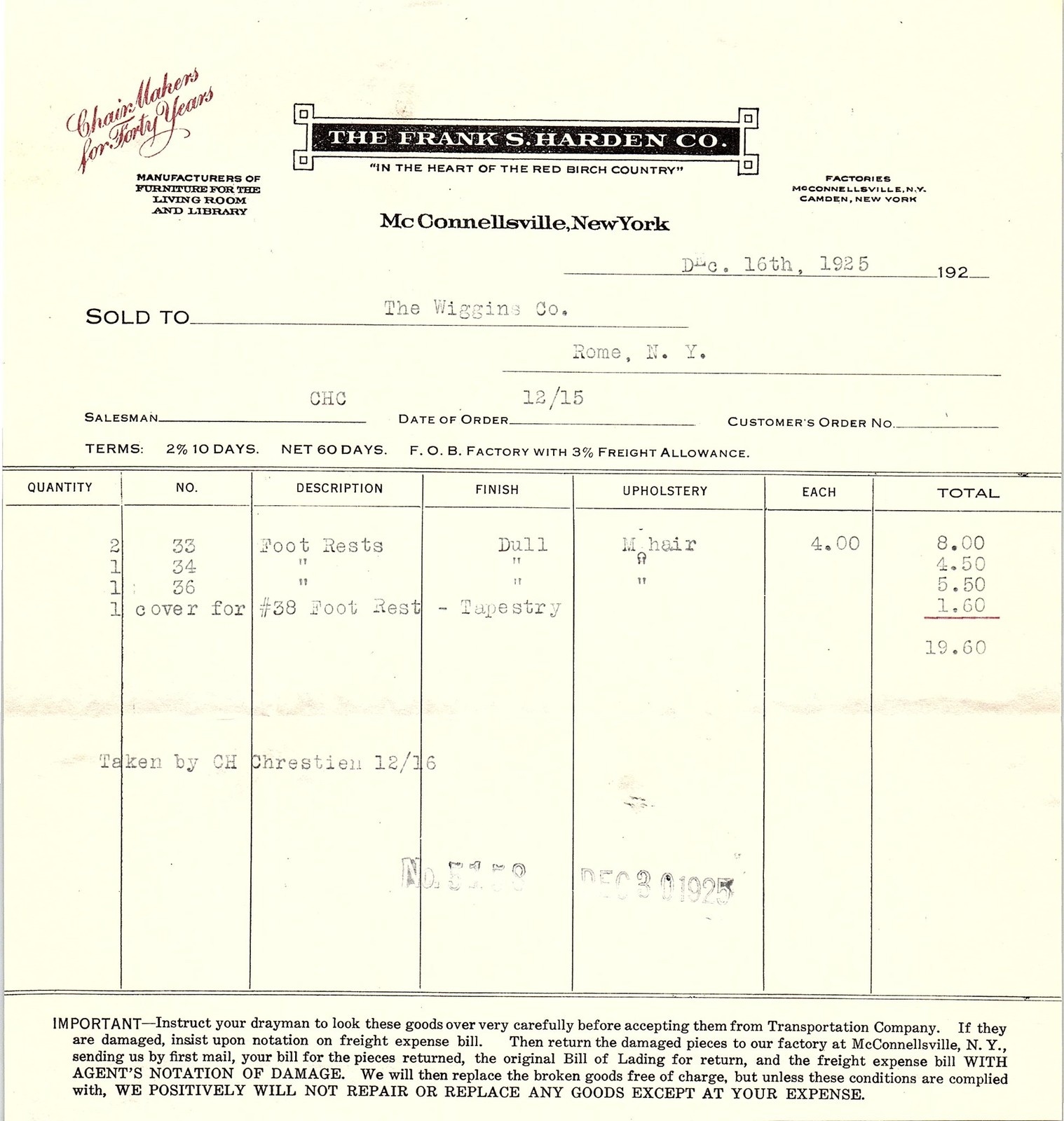1925 Frank S. Harden Co. Furniture Makers Billhead