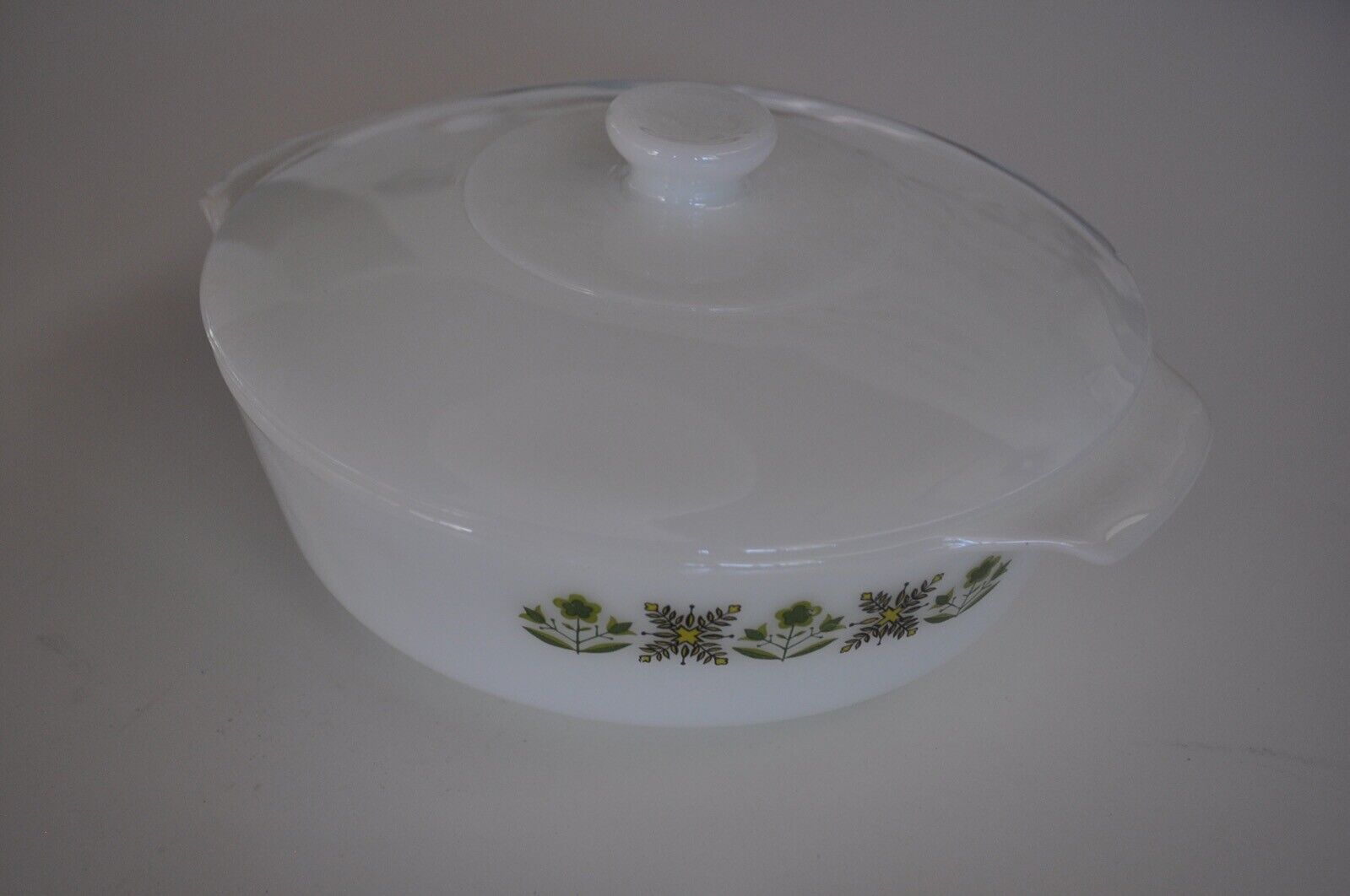 VINTAGE Fire King Covered Casserole Meadow Green Floral Made in USA
