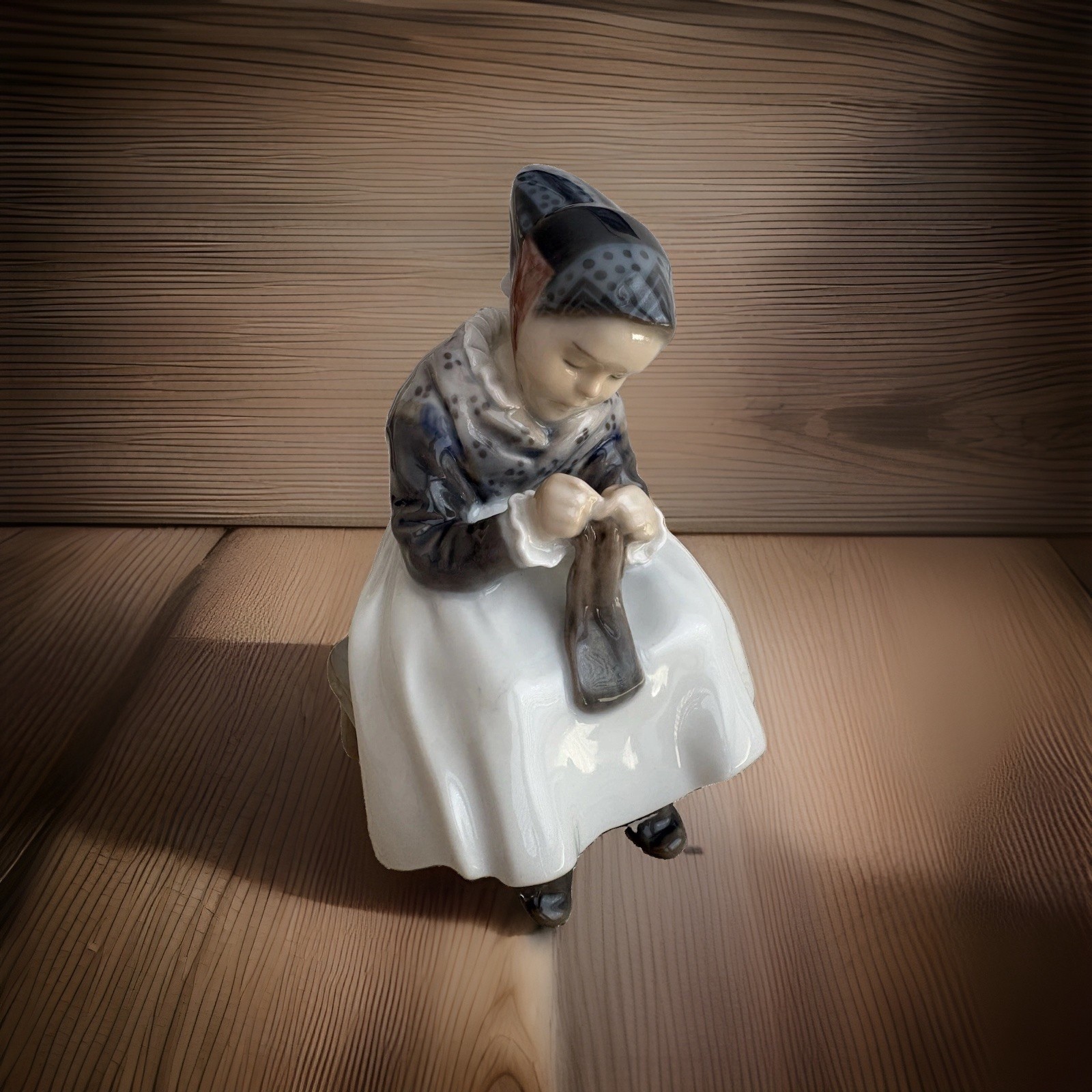 Antique Royal Copenhagen Denmark #1314 \'Amager Girl Knitting\' Porcelain Figurine