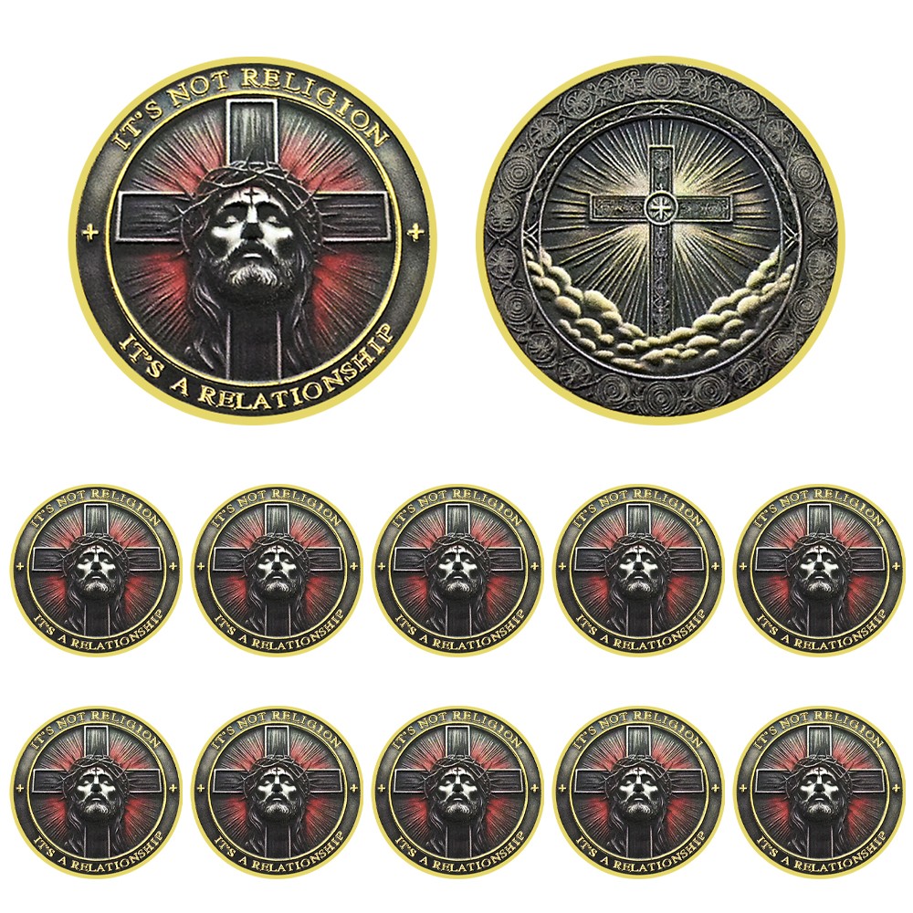 10PCS Jesus Christ Cross Coin It's Not Religion, It's A Relationship Gold Medal