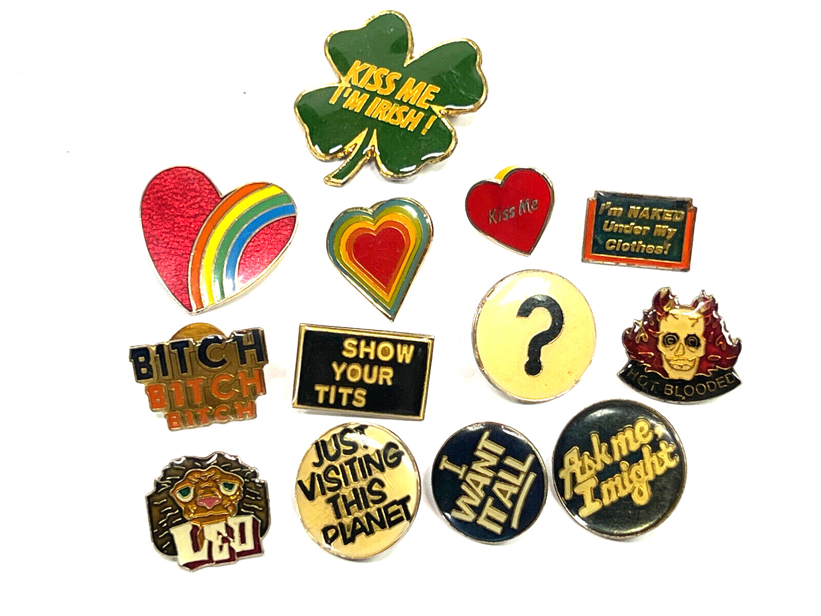 Lot (13) vtg 70s 80s Enamel Resin Pins NOVELTY biker hippie love irish naked VW