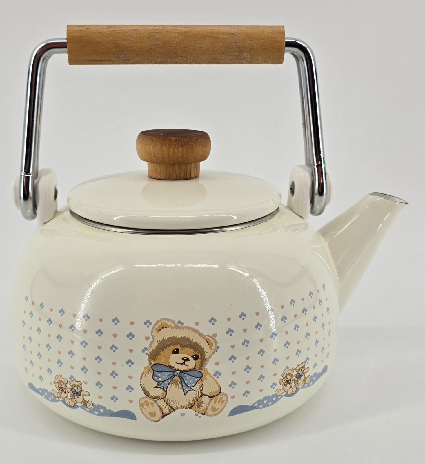 Vtg Tienshan Country Bear Theodore Tea Kettle W/ Handle Ivory Blue Farmhouse 90s