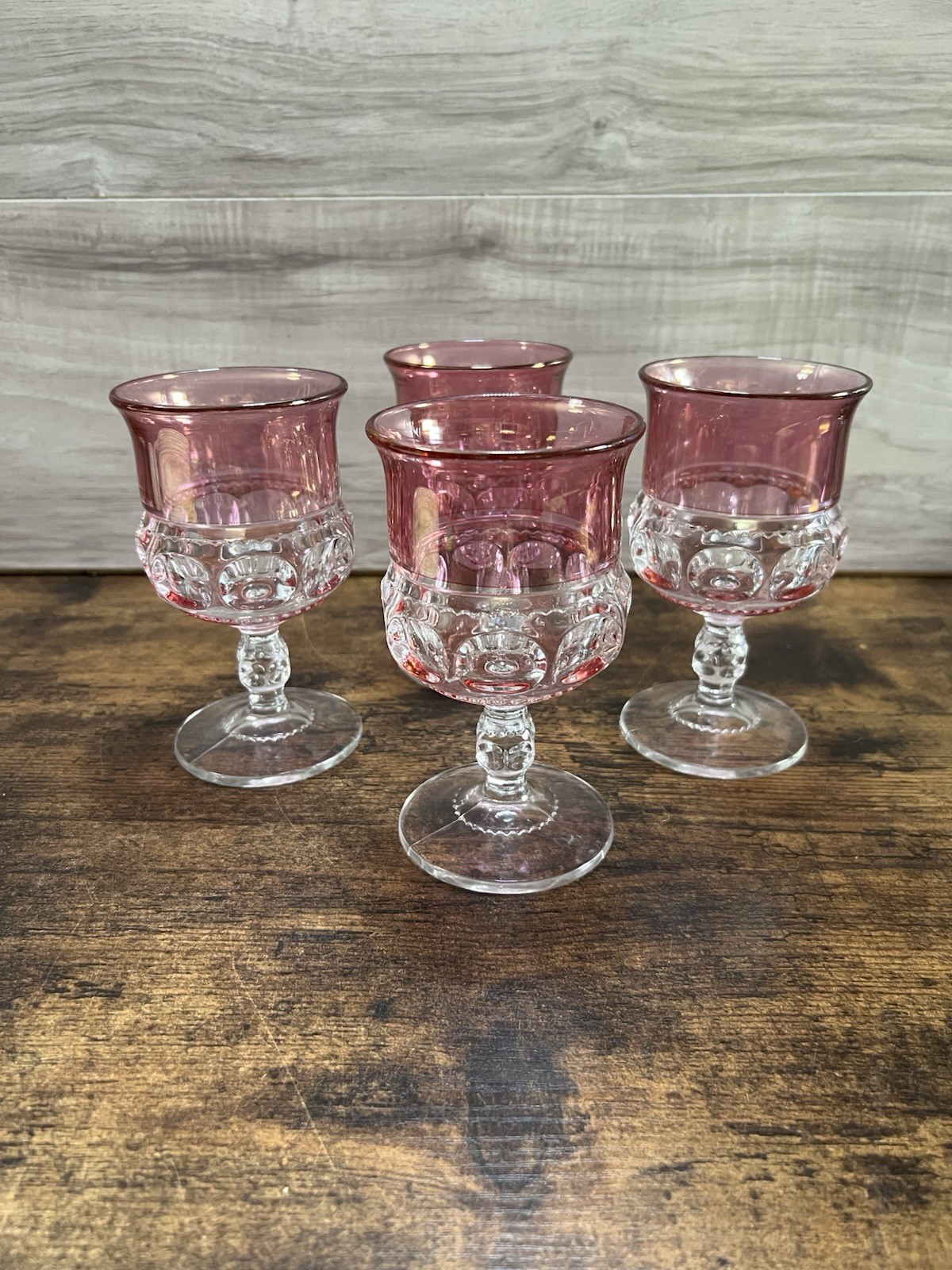 Vintage Pink Flashed Pressed Glass Goblets Set of 4 Thumbprint Wine Glasses