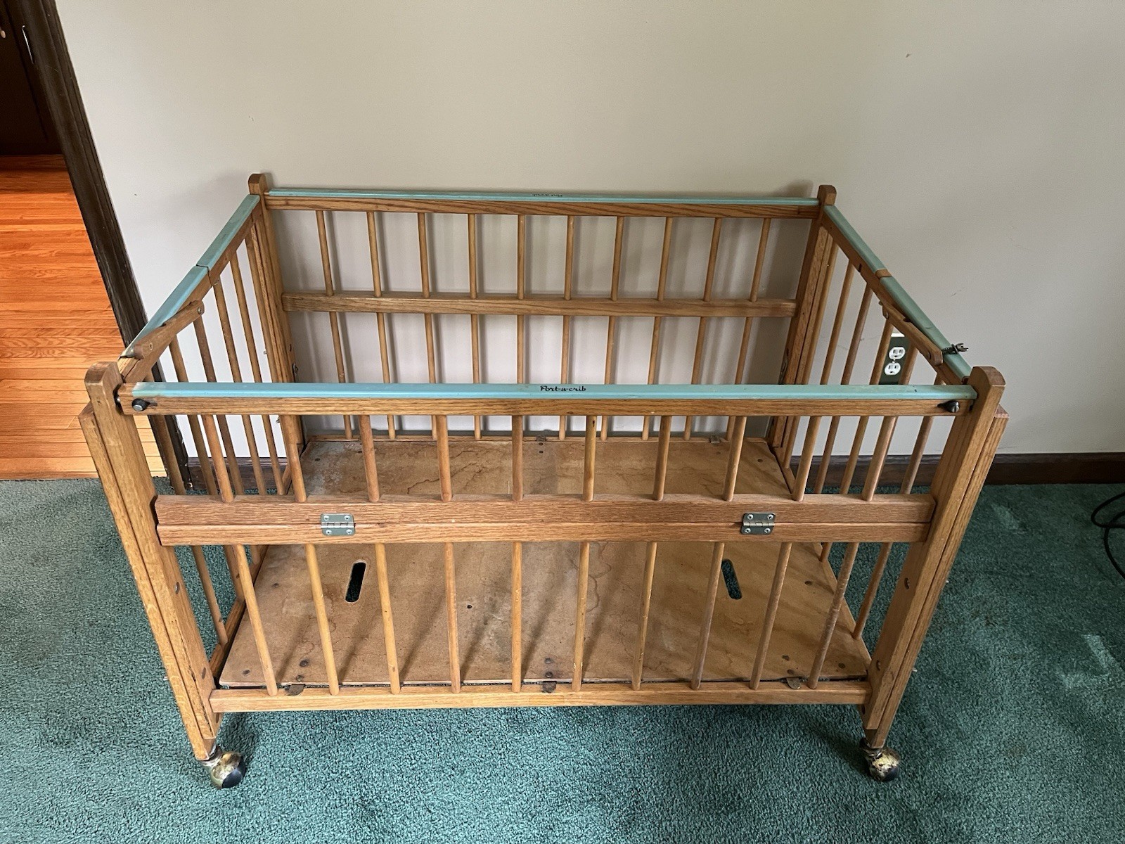 Vintage Port-A-Crib With Fold-Down Side And Casters 40”L  x 27”D x 29”H