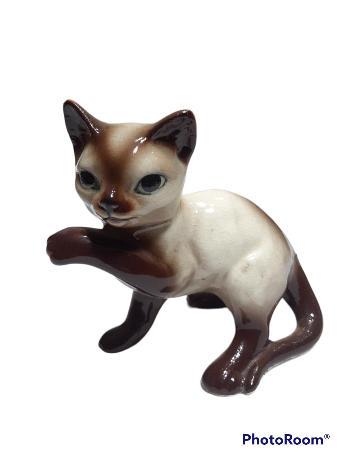 Vtg Porcelain Siamese Cat Kitten Kitty Sitting Waving Figurine 3