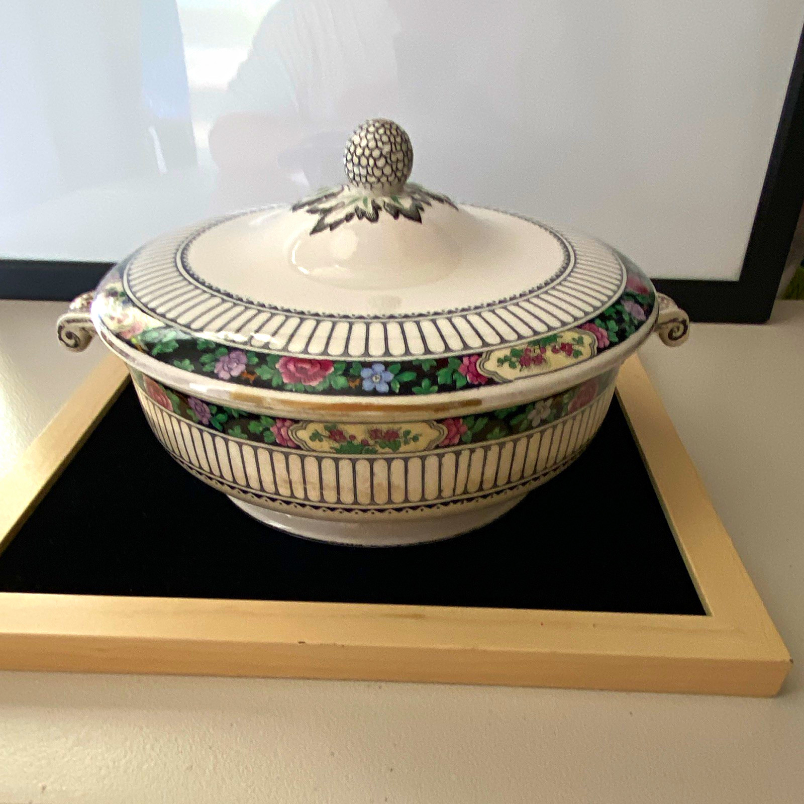 Vintage Booths Stratford Floral Ceramic Soup Tureen 5 points w/ Lid Handles, 9”