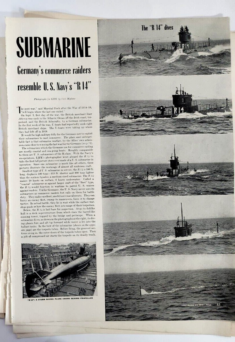 Submarine Vintage 6 Page 1939 Article Images Magazine Print R14 WWII Military