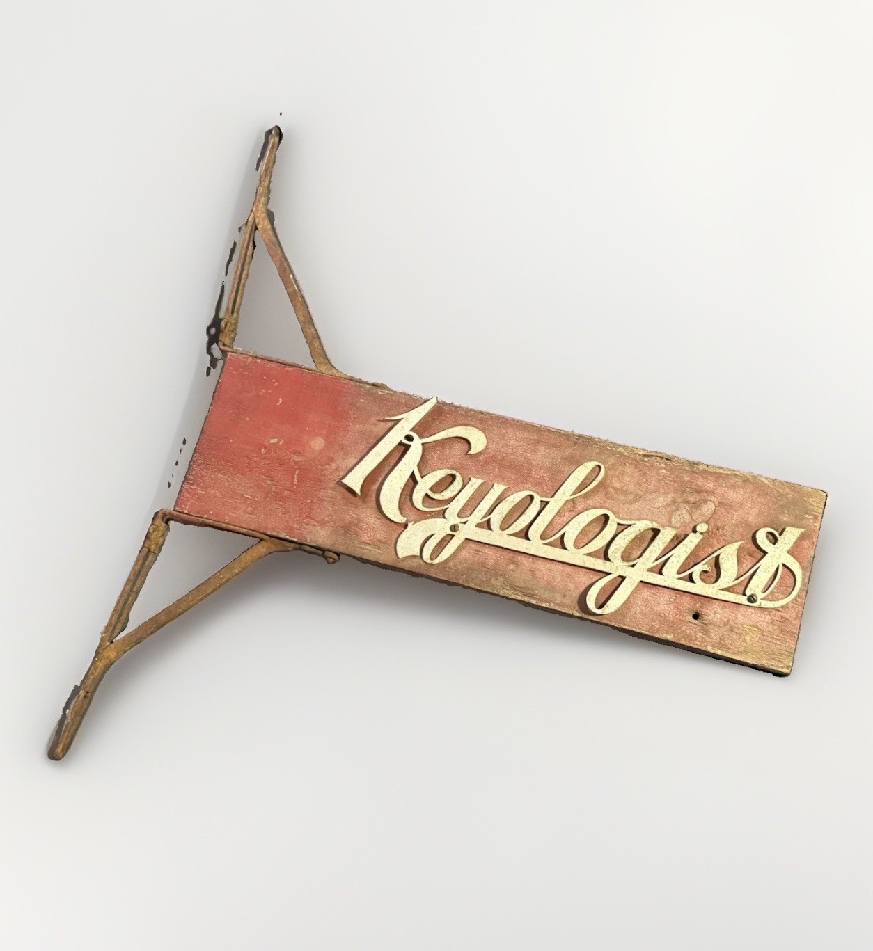 Antique Two Sided Wood & Metal Flange Keyologist Advertising Sign locksmith keys
