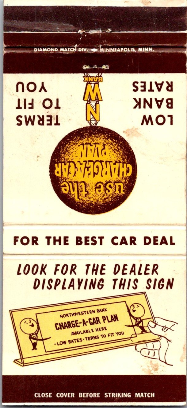 Northwestern Bank Charge-A-Car Plan Low Rates Vintage Matchbook Cover 5M28-3