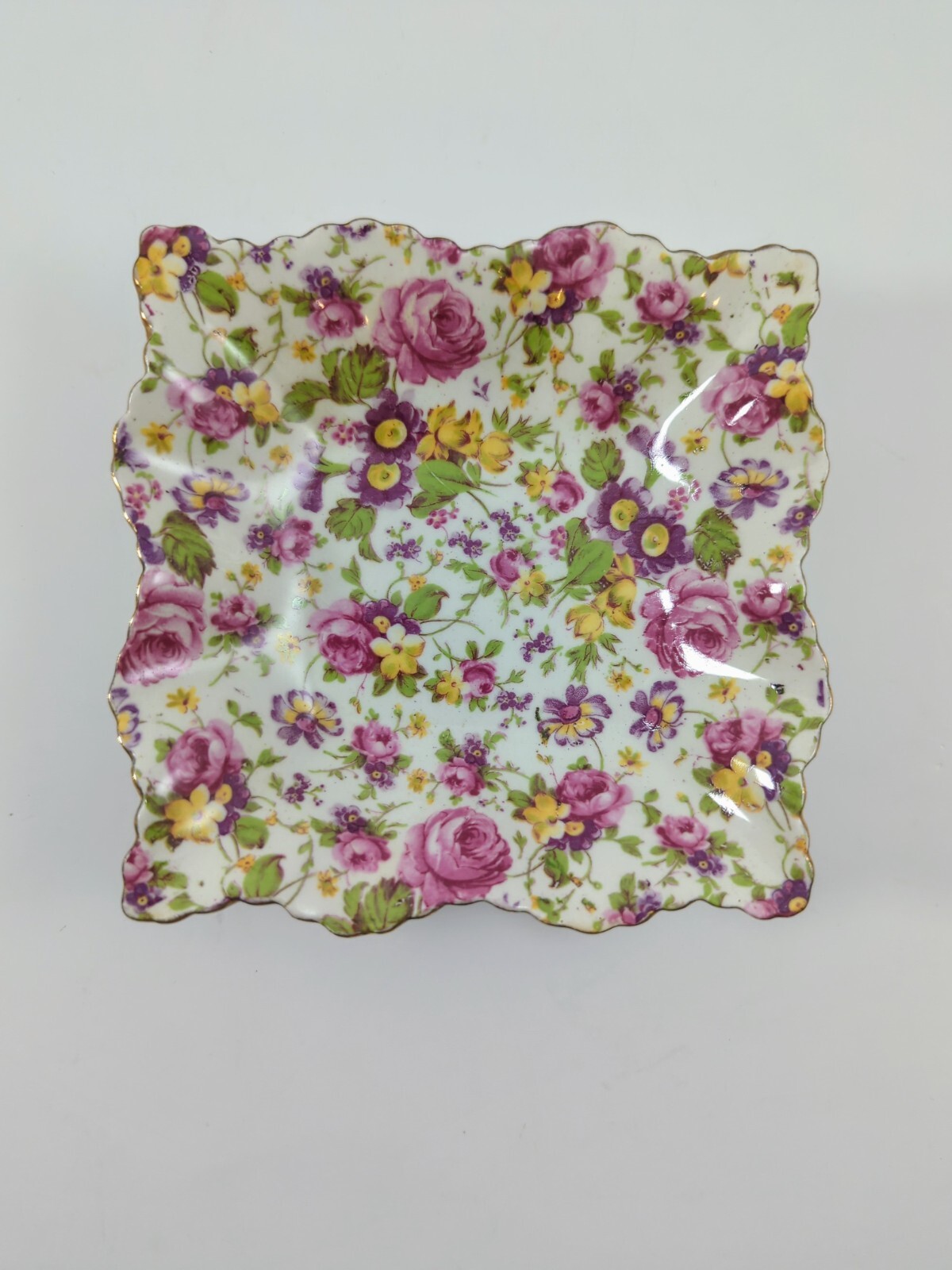 Vintage James Kent Floral Chintz Ruffled Trinket Dish Vanity Tray \