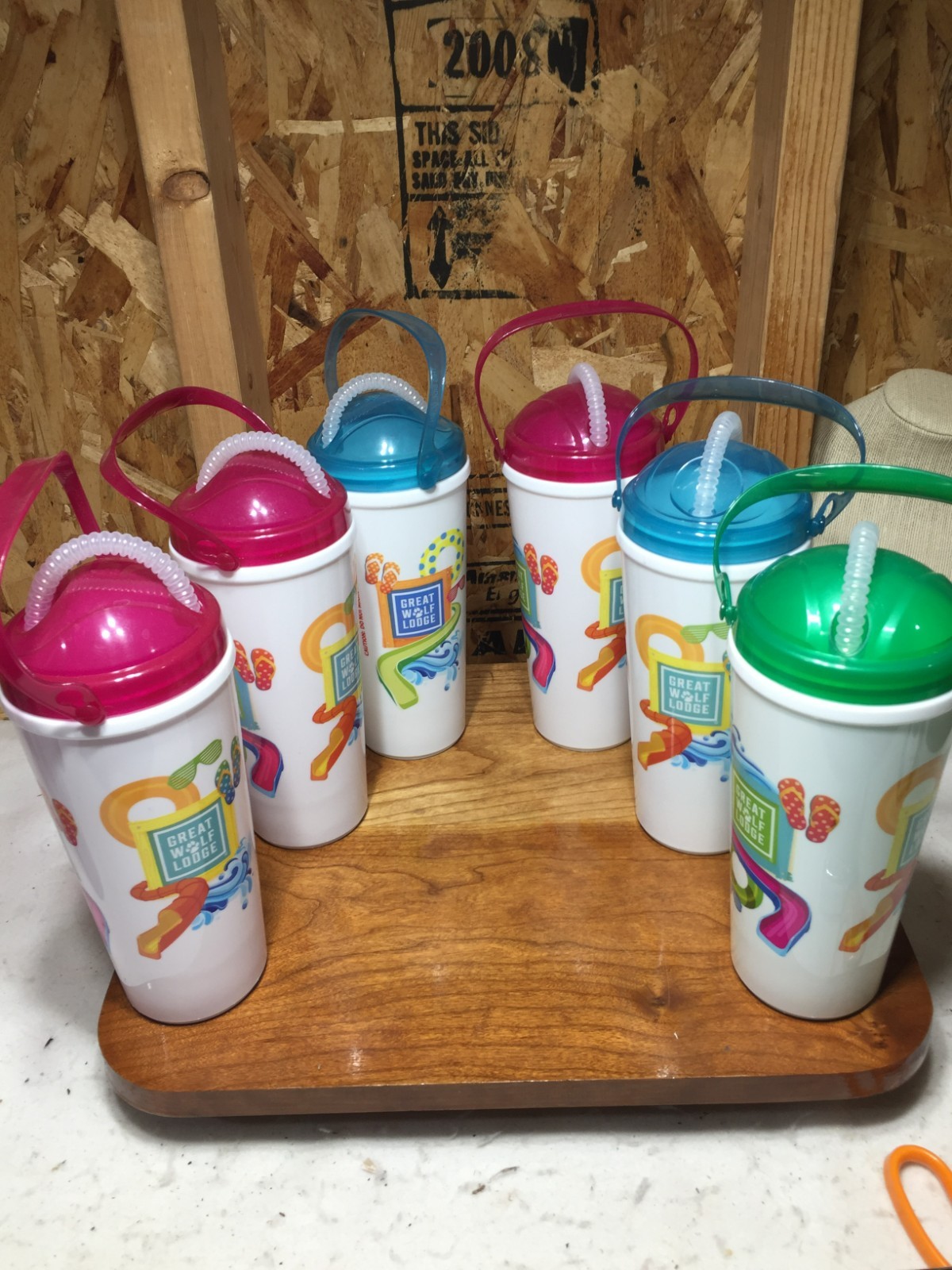 Six Great Wolf Lodge Souvenir Cups WITH REFILL STICKERS Sandals Donut Waterslide