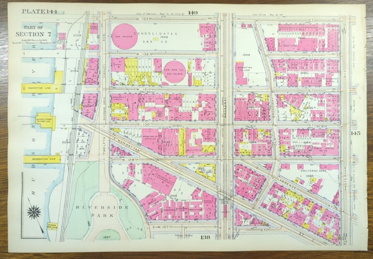 Vintage 1916 HAMILTON HEIGHTS  MANHATTAN NEW YORK CITY NY Land Map G.W. BROMLEY