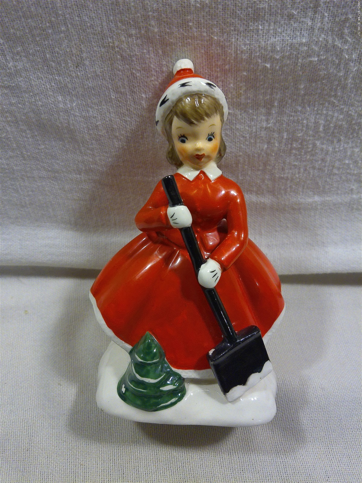 Vintage Napco (?) Japan Ceramic Christmas Shopper Girl with Snow Shovel Figurine