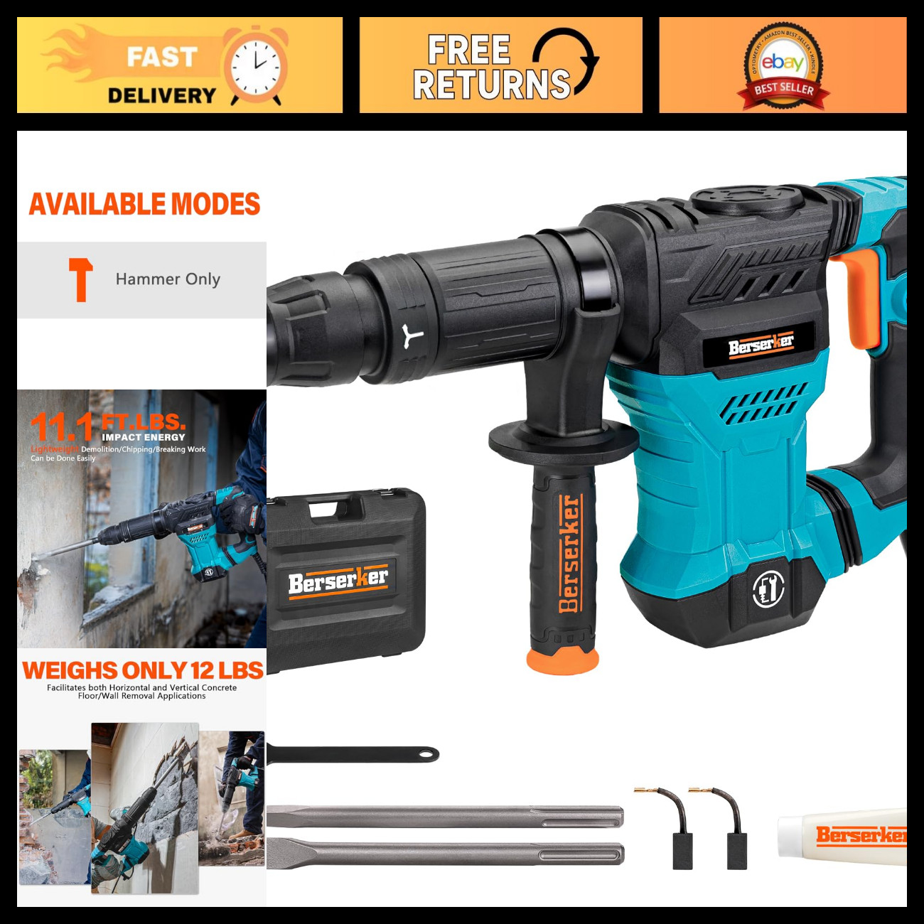 Berserker 1300W 12-Pound SDS-Max Demolition Jack Hammer 45HM,11-Amp Corded