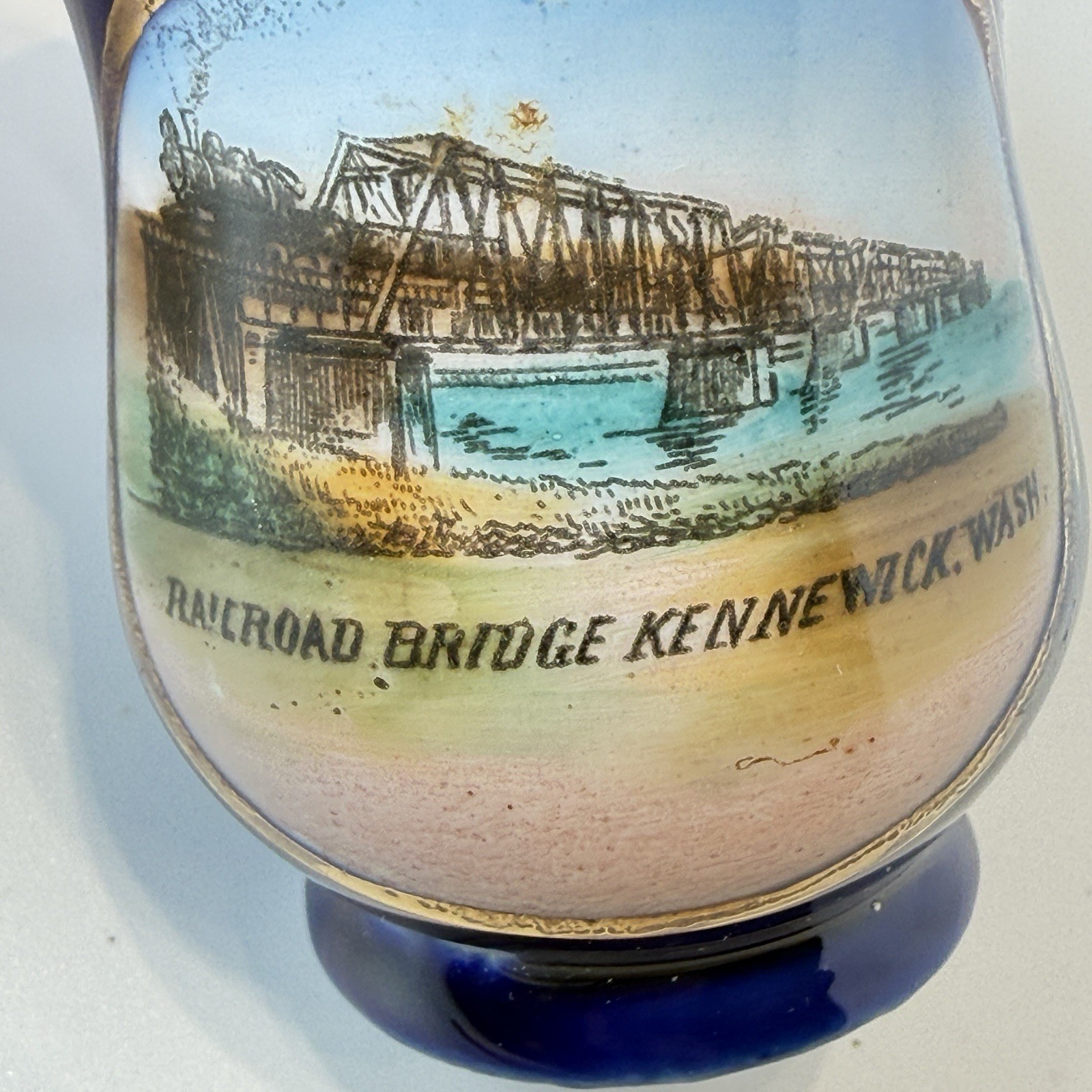 KENNEWICK WA WASHINGTON Antique RAILROAD BRIDGE Souvenir COBALT TRINKET KENNEWICK WA WASHINGTON Antique RAILROAD BRIDGE Souvenir COBALT TRINKET