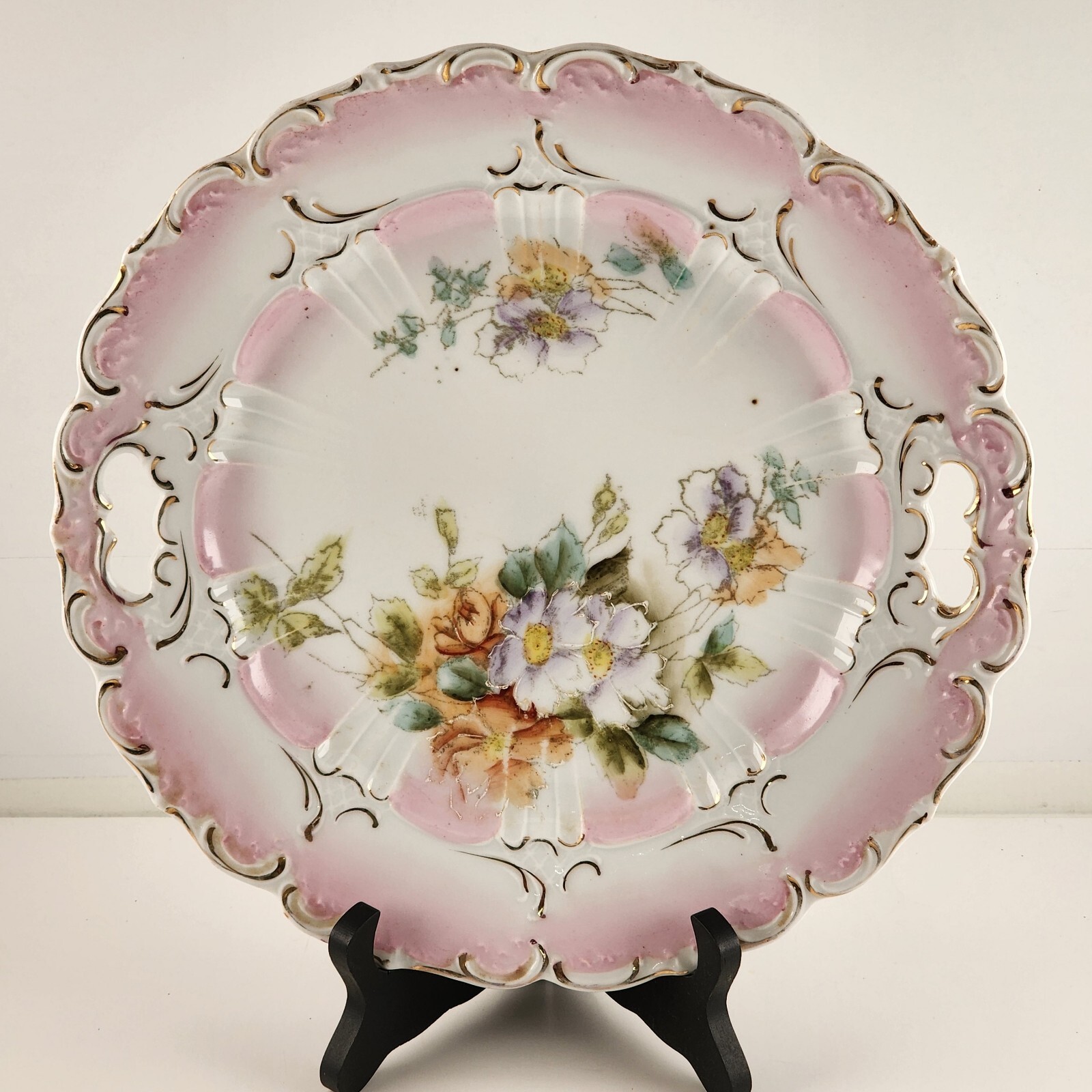 Bavarian Floral Serving Plate Pink White Handled Scalloped Gold Gilt 11\