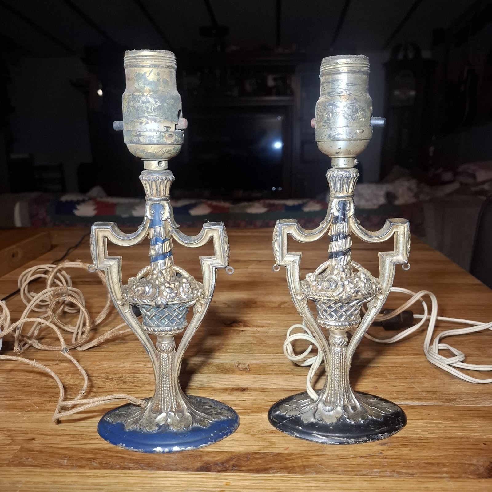 Early Antique Pair of Art Nouveau Boudoir Lamps Cast Iron basket blue Vintage