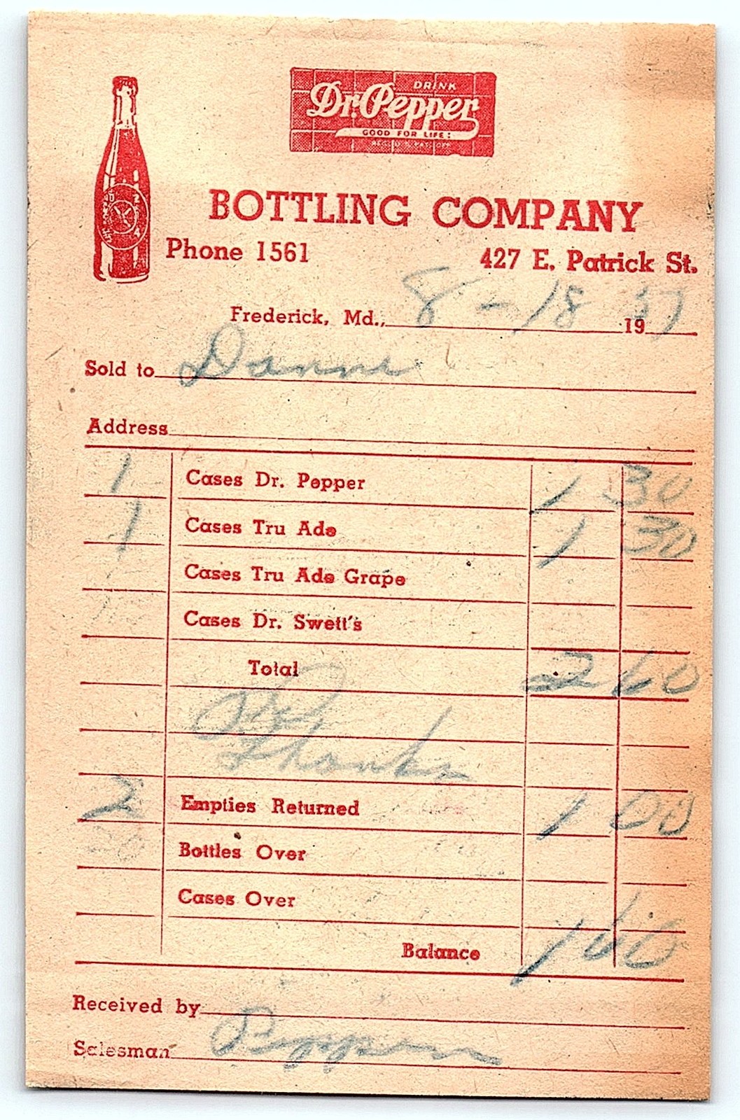 1931 Dr. Pepper Bottling Co. Frederick, MD Billhead Receipt