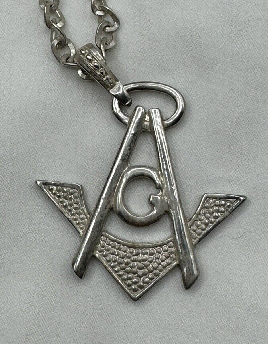 Vintage Freemason Masonic Symbol Compass Square Pewter Pendant Necklace