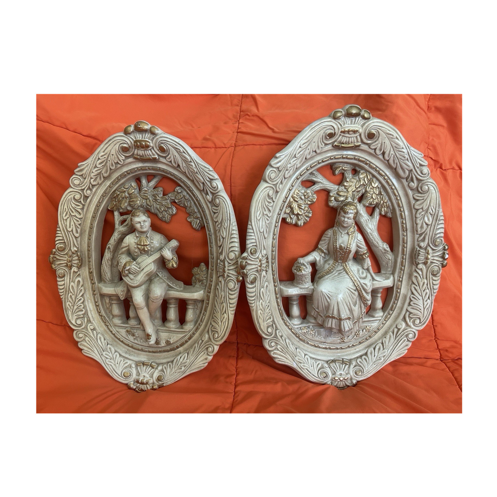 Romantic Couple - Chalkware/Plaster Wall Plaques, Beige Oval Hanging Decor